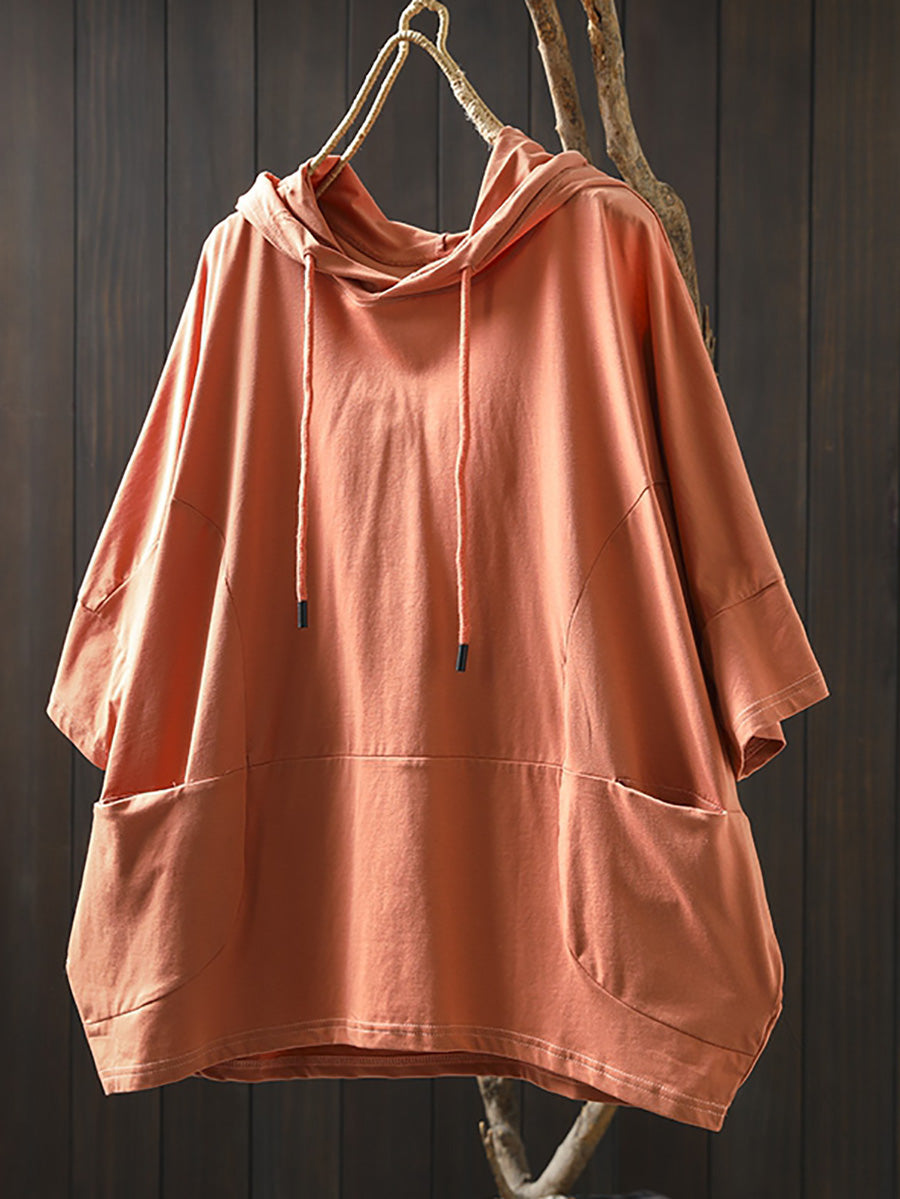 Dames Zomer Casual Pure Color Hooded Shirt van 100% Katoen