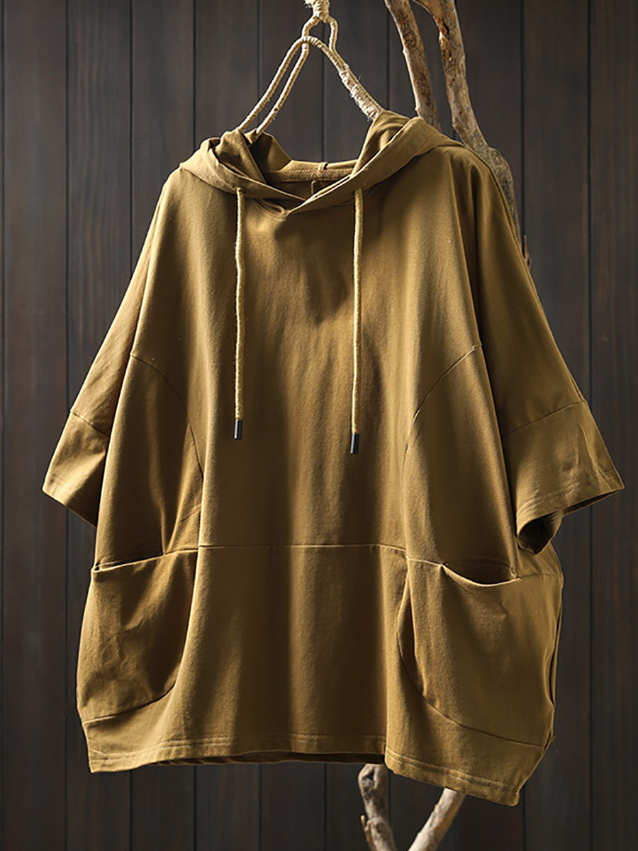 Dames Zomer Casual Pure Color Hooded Shirt van 100% Katoen