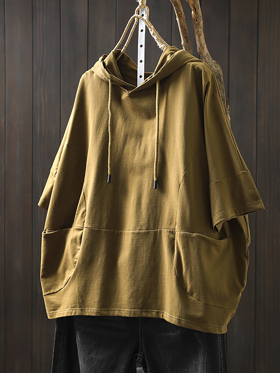 Dames Zomer Casual Pure Color Hooded Shirt van 100% Katoen