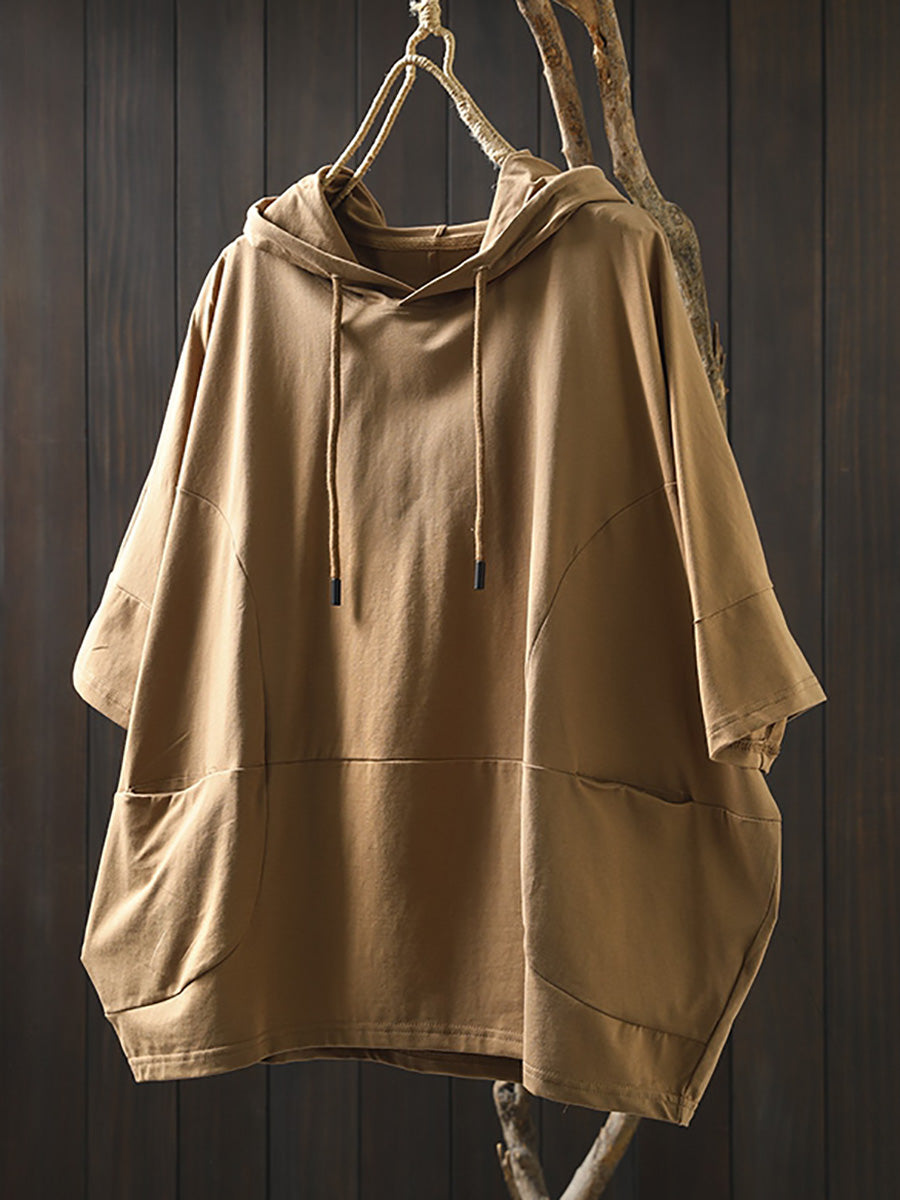 Dames Zomer Casual Pure Color Hooded Shirt van 100% Katoen