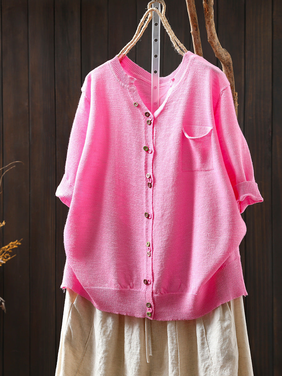 Dames zomer casual kleurrijk knoop gebreid O-hals shirt