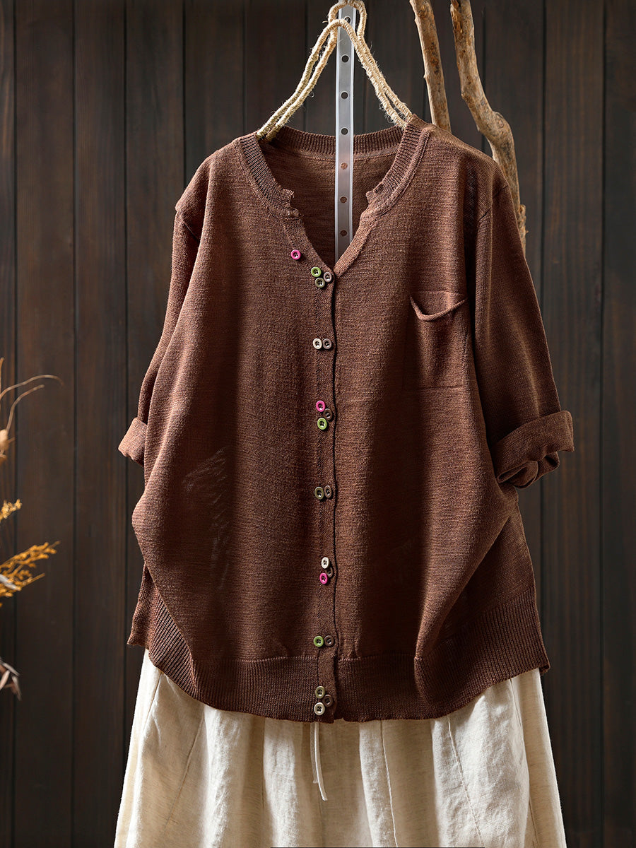 Dames zomer casual kleurrijk knoop gebreid O-hals shirt