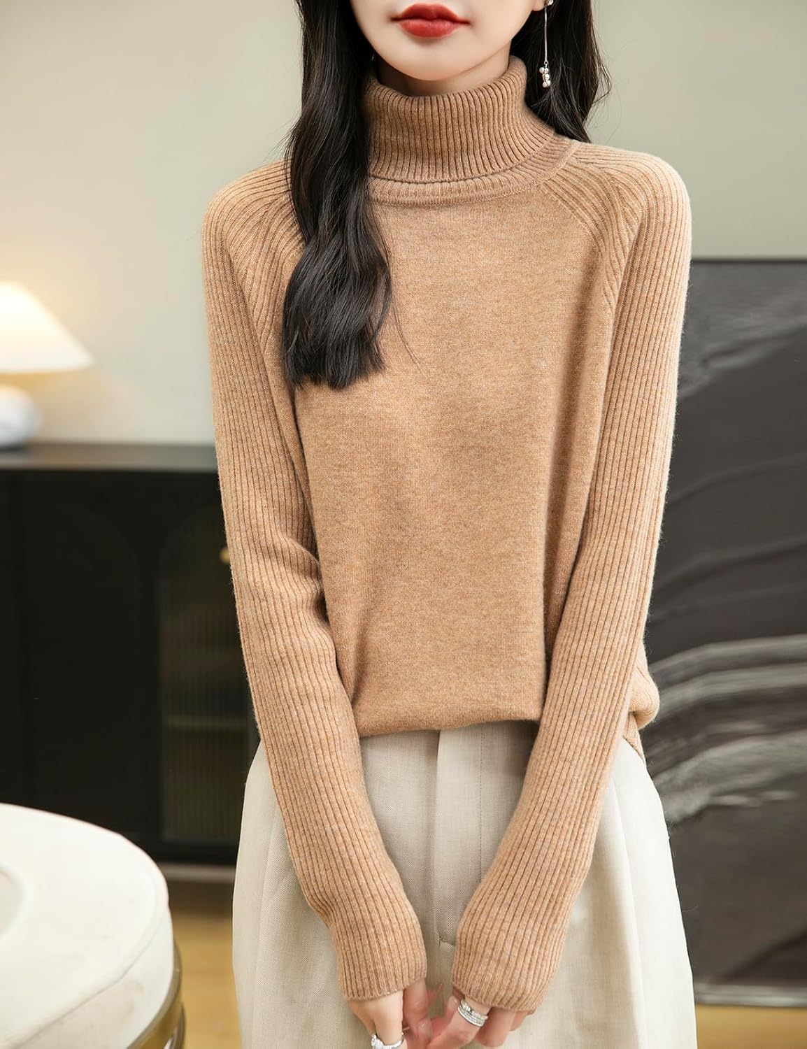 Chanyarn Women's Turtleneck 100% Merino Wool Sweater 2025 Fall Winter Classic Warm Soft Raglan Long Sleeve Knit Sweater