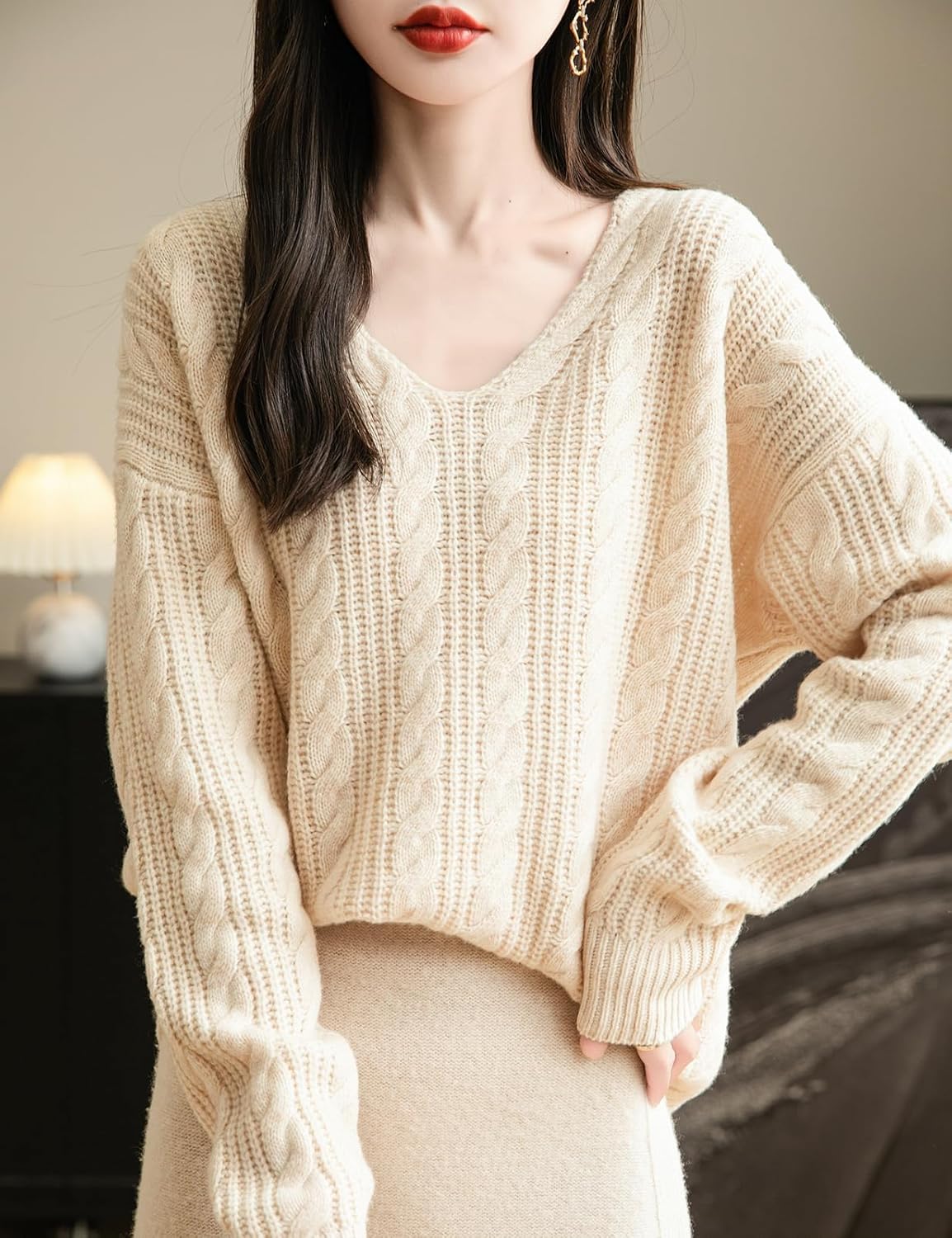 Chanyarn Women's V Neck 100% Merino Wool Oversized Sweater 2025 Fall Winter Vintage Cable Long Sleeve Knit Sweater