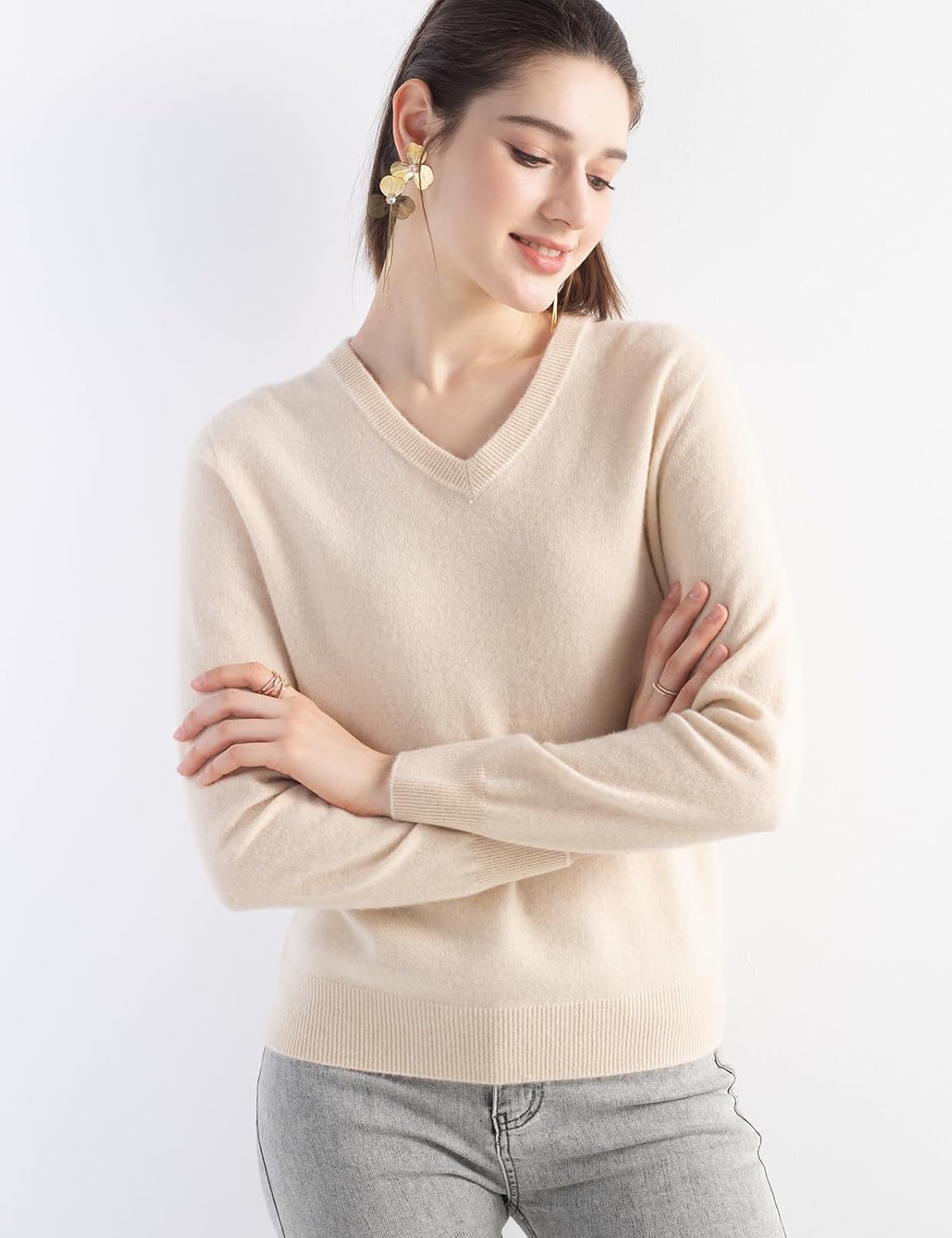 Women's 100% Pure Cashmere Women's Sweater V-Neck Long Sleeve 2025 Fall Winter Warm Soft Knit Pullover