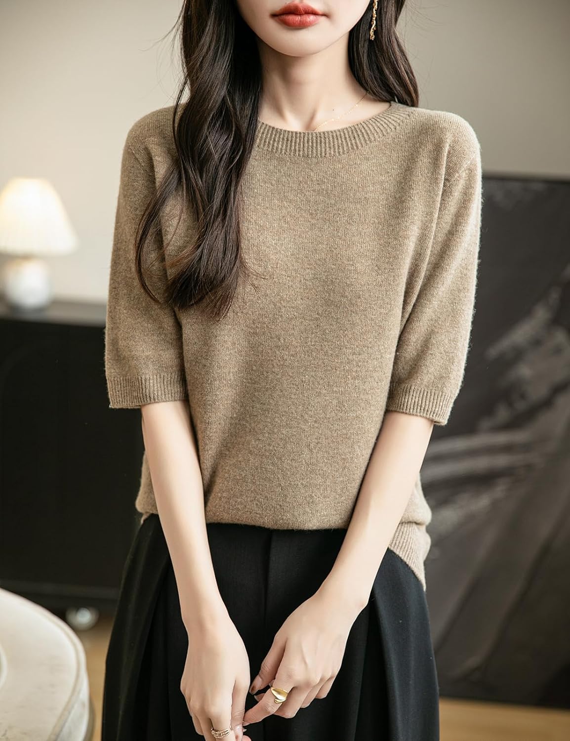 Women's 100% Merino Wool Spring Fall Winter First-Line Ready to Wear Seamless Knit Crewneck Short Sleeve Sweater