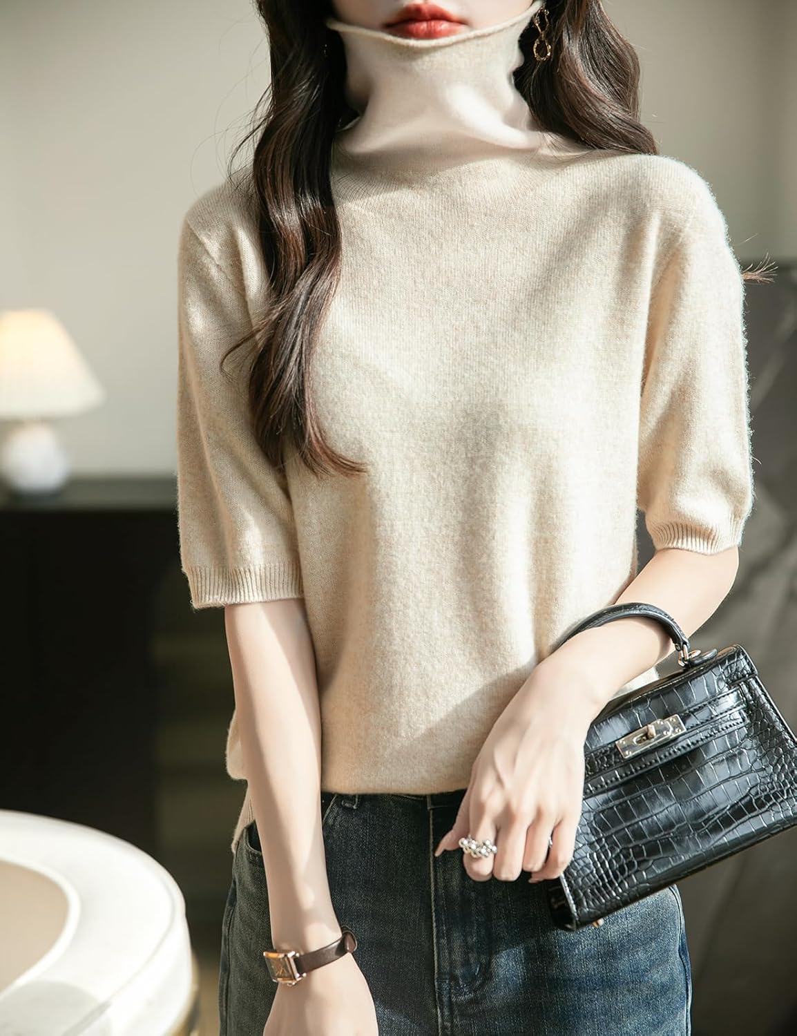 Women's Turtleneck 100% Merino Wool Spring Fall Winter First-Line Ready to Wear Seamless Knit Short Sleeve Sweater