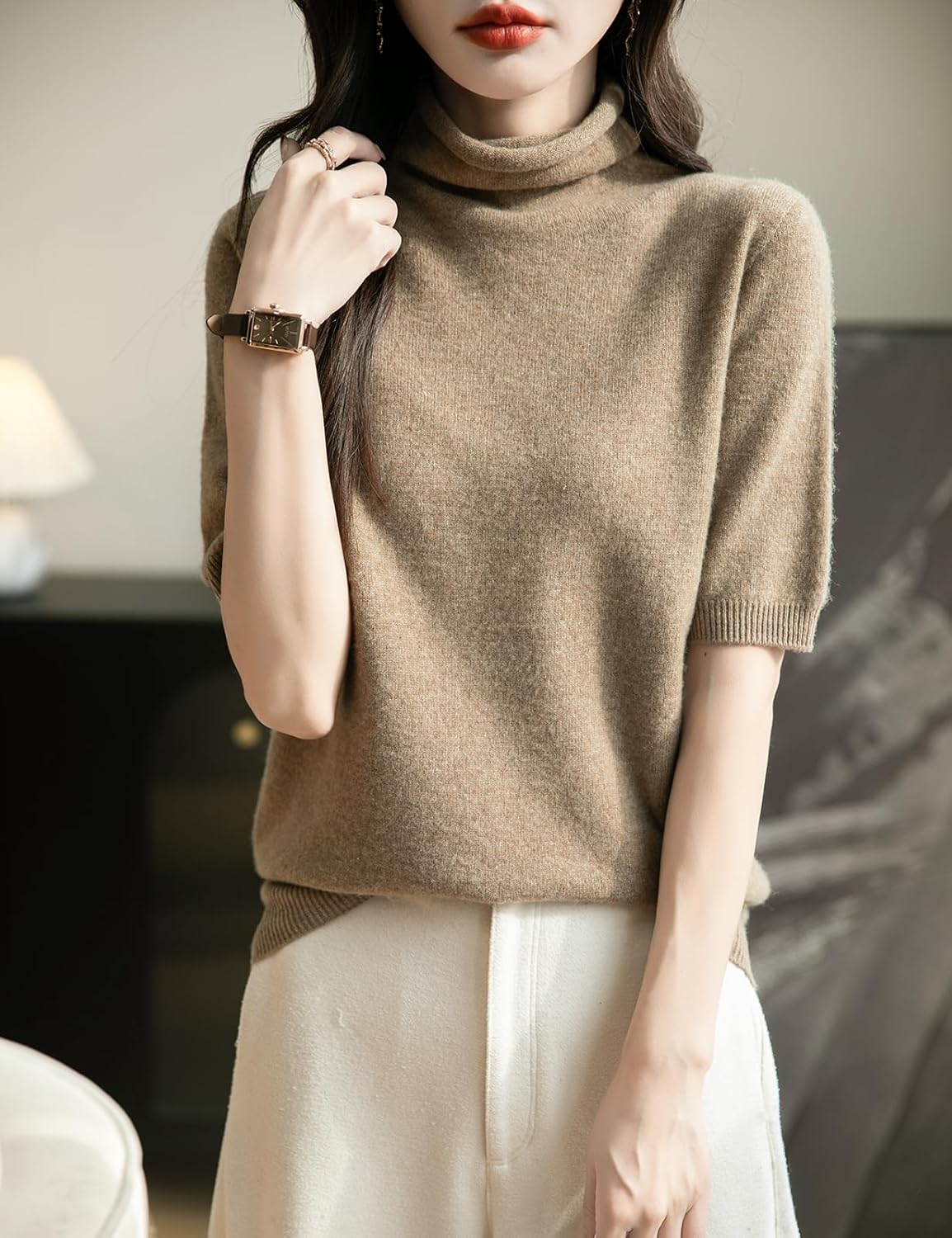 Women's Turtleneck 100% Merino Wool Spring Fall Winter First-Line Ready to Wear Seamless Knit Short Sleeve Sweater