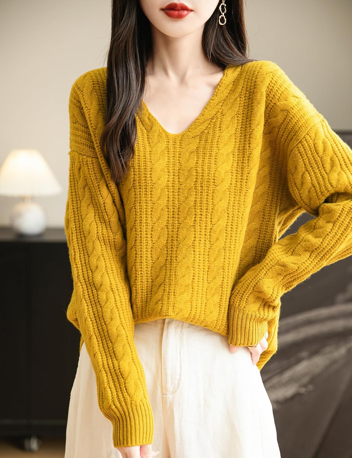 Chanyarn Women's V Neck 100% Merino Wool Oversized Sweater 2025 Fall Winter Vintage Cable Long Sleeve Knit Sweater