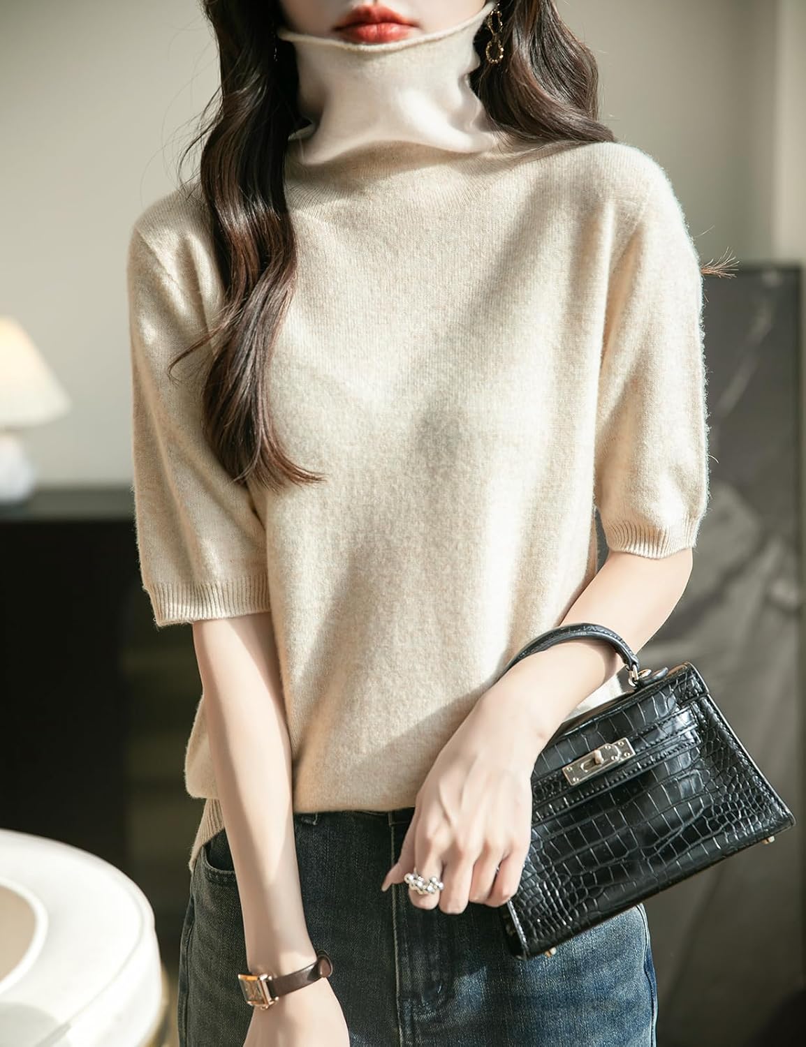 Women's Turtleneck 100% Merino Wool Spring Fall Winter First-Line Ready to Wear Seamless Knit Short Sleeve Sweater