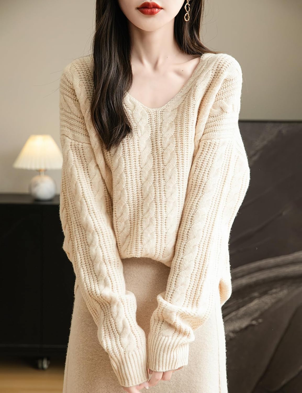 Chanyarn Women's V Neck 100% Merino Wool Oversized Sweater 2025 Fall Winter Vintage Cable Long Sleeve Knit Sweater