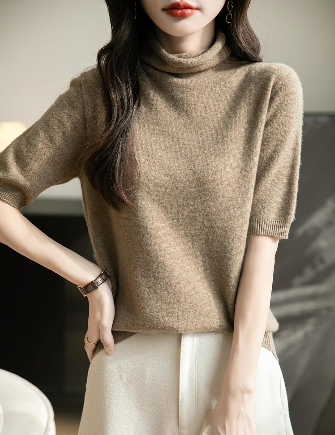 Women's Turtleneck 100% Merino Wool Spring Fall Winter First-Line Ready to Wear Seamless Knit Short Sleeve Sweater