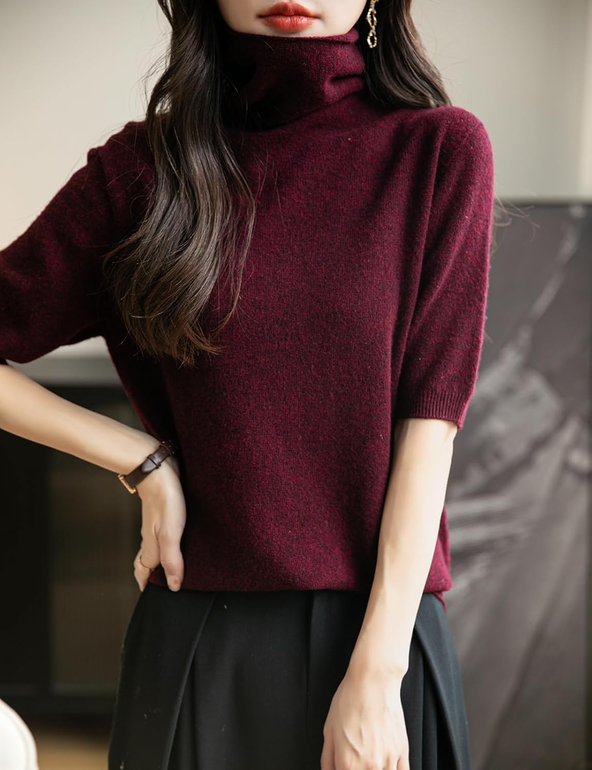 Women's Turtleneck 100% Merino Wool Spring Fall Winter First-Line Ready to Wear Seamless Knit Short Sleeve Sweater