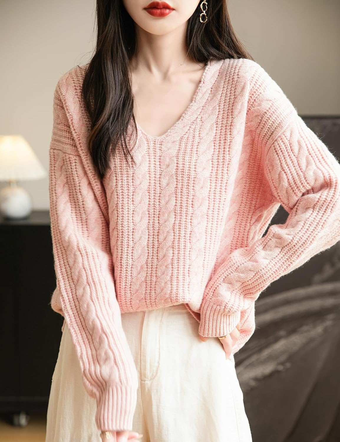 Chanyarn Women's V Neck 100% Merino Wool Oversized Sweater 2025 Fall Winter Vintage Cable Long Sleeve Knit Sweater