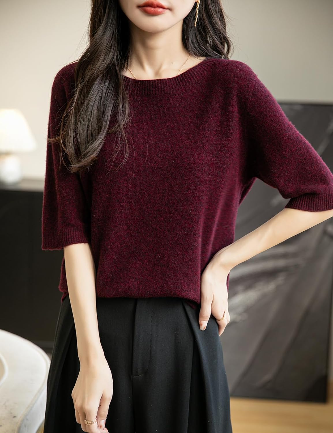Women's 100% Merino Wool Spring Fall Winter First-Line Ready to Wear Seamless Knit Crewneck Short Sleeve Sweater