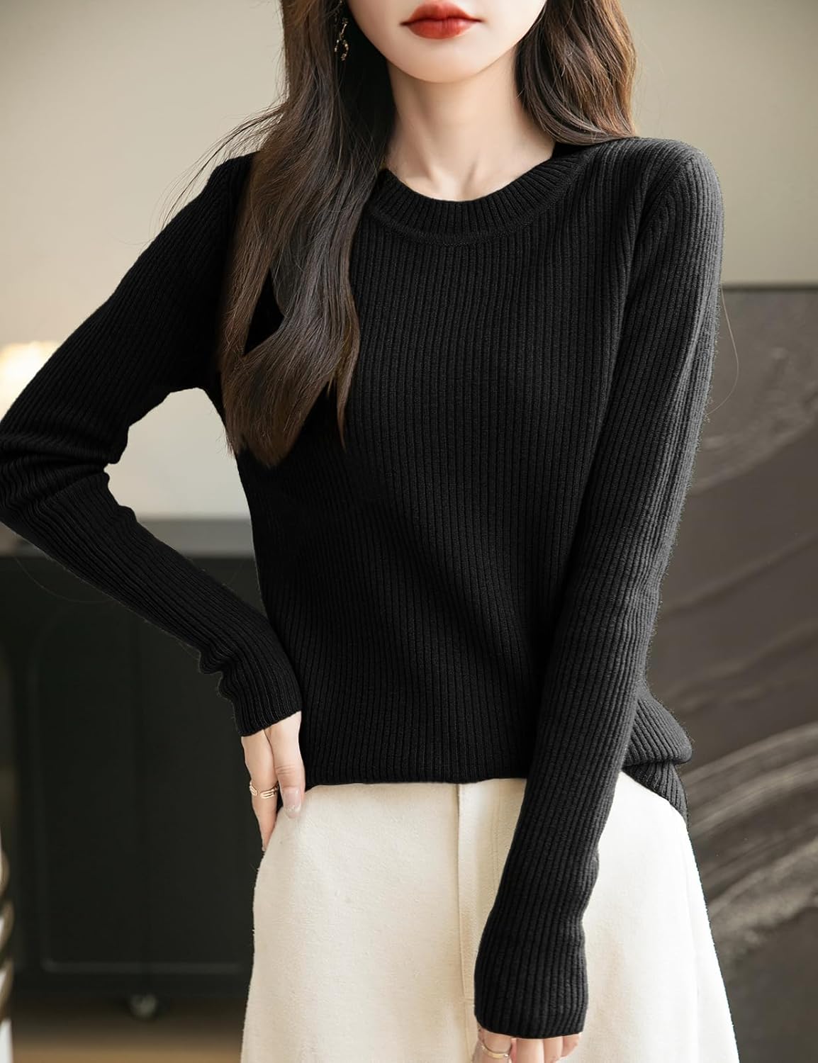 Women's 100% Merino Wool Sweater 2025 Fall Winter Crew Neck Long Sleeve Warm Soft Ribbed Knit Pullover Sweater