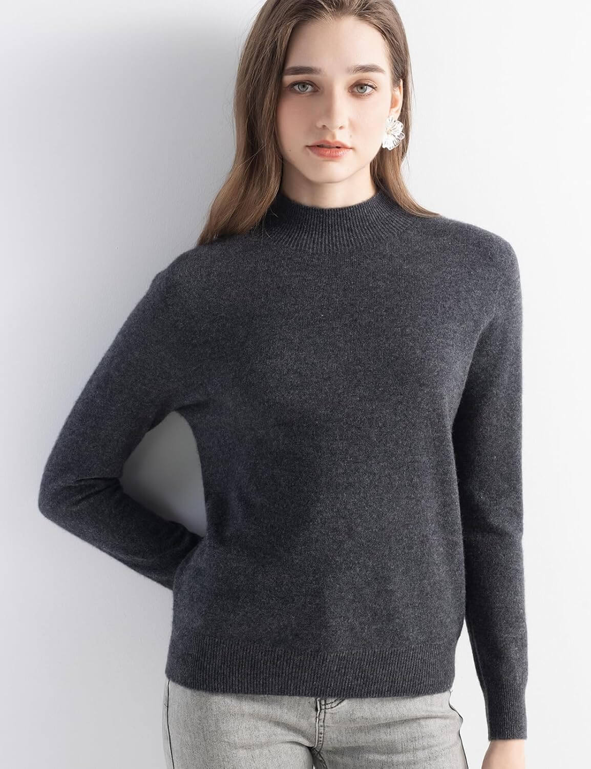 Women's 100% Pure Cashmere Sweater Mock Neck Long Sleeve Warm Leisure 2025 Fall Winter Knit Pullover