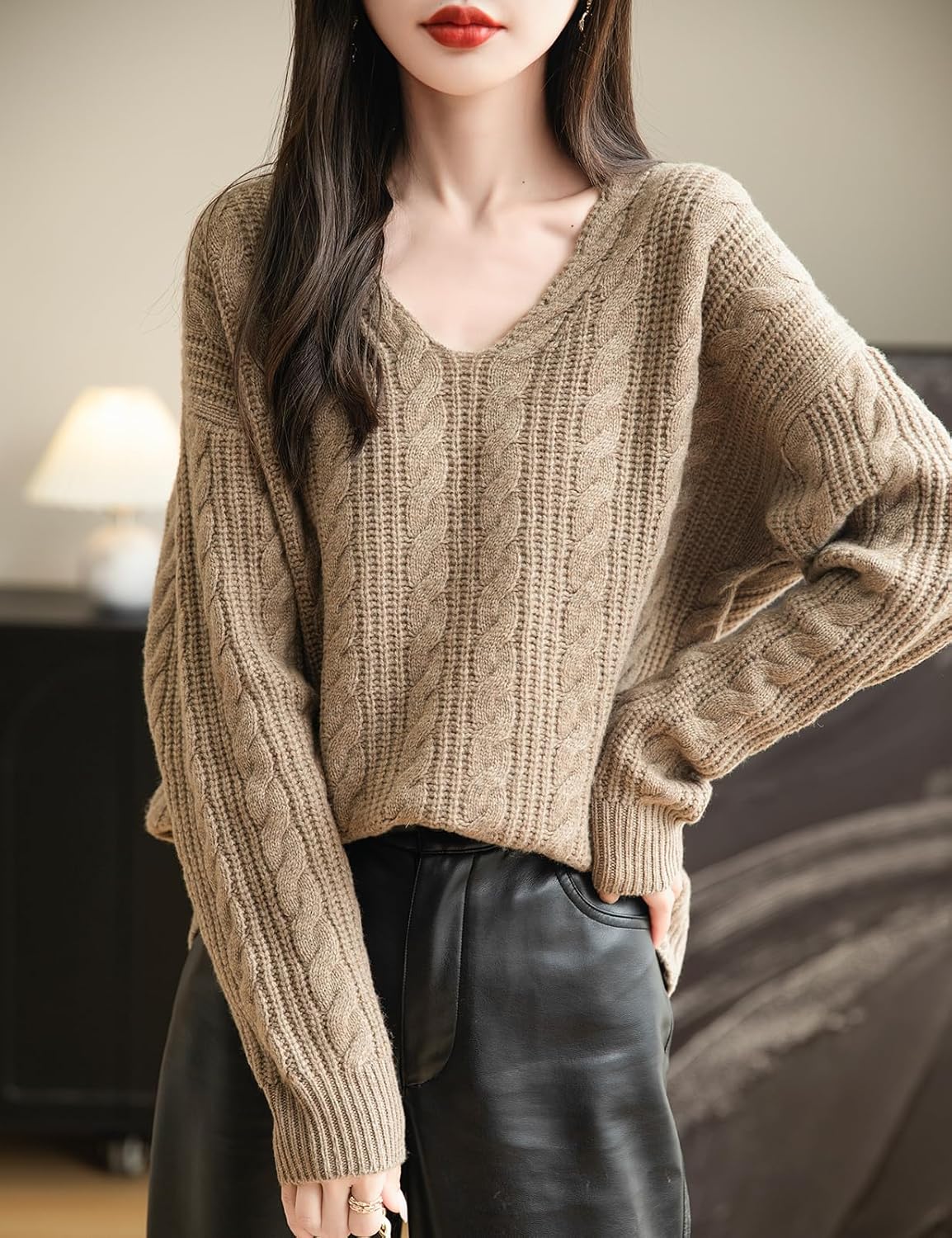 Chanyarn Women's V Neck 100% Merino Wool Oversized Sweater 2025 Fall Winter Vintage Cable Long Sleeve Knit Sweater