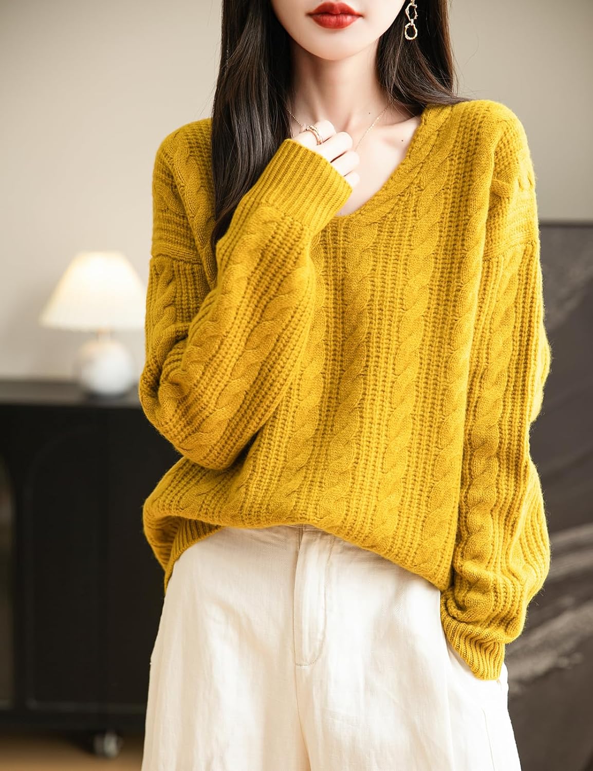 Chanyarn Women's V Neck 100% Merino Wool Oversized Sweater 2025 Fall Winter Vintage Cable Long Sleeve Knit Sweater