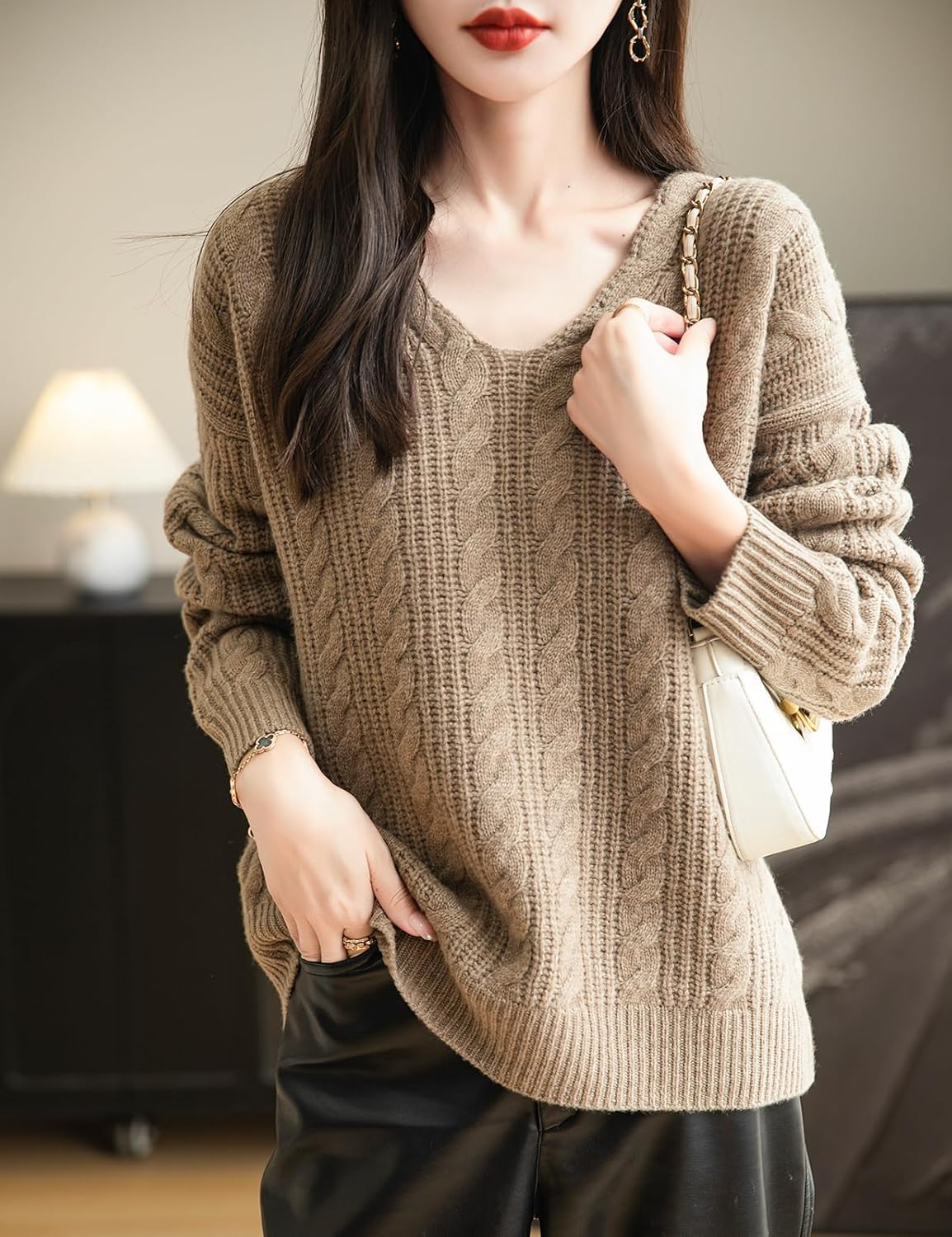 Chanyarn Women's V Neck 100% Merino Wool Oversized Sweater 2025 Fall Winter Vintage Cable Long Sleeve Knit Sweater