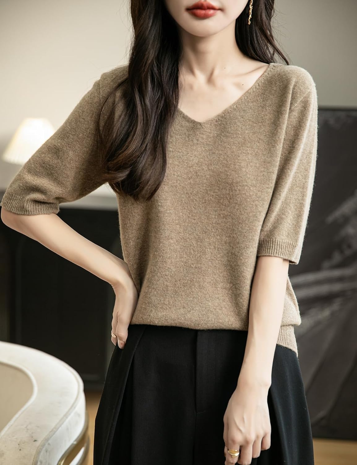 Women's V-Neck 100% Merino Wool Spring Fall Winter First-Line Ready to Wear Seamless Knit Shirt Short Sleeve Sweater