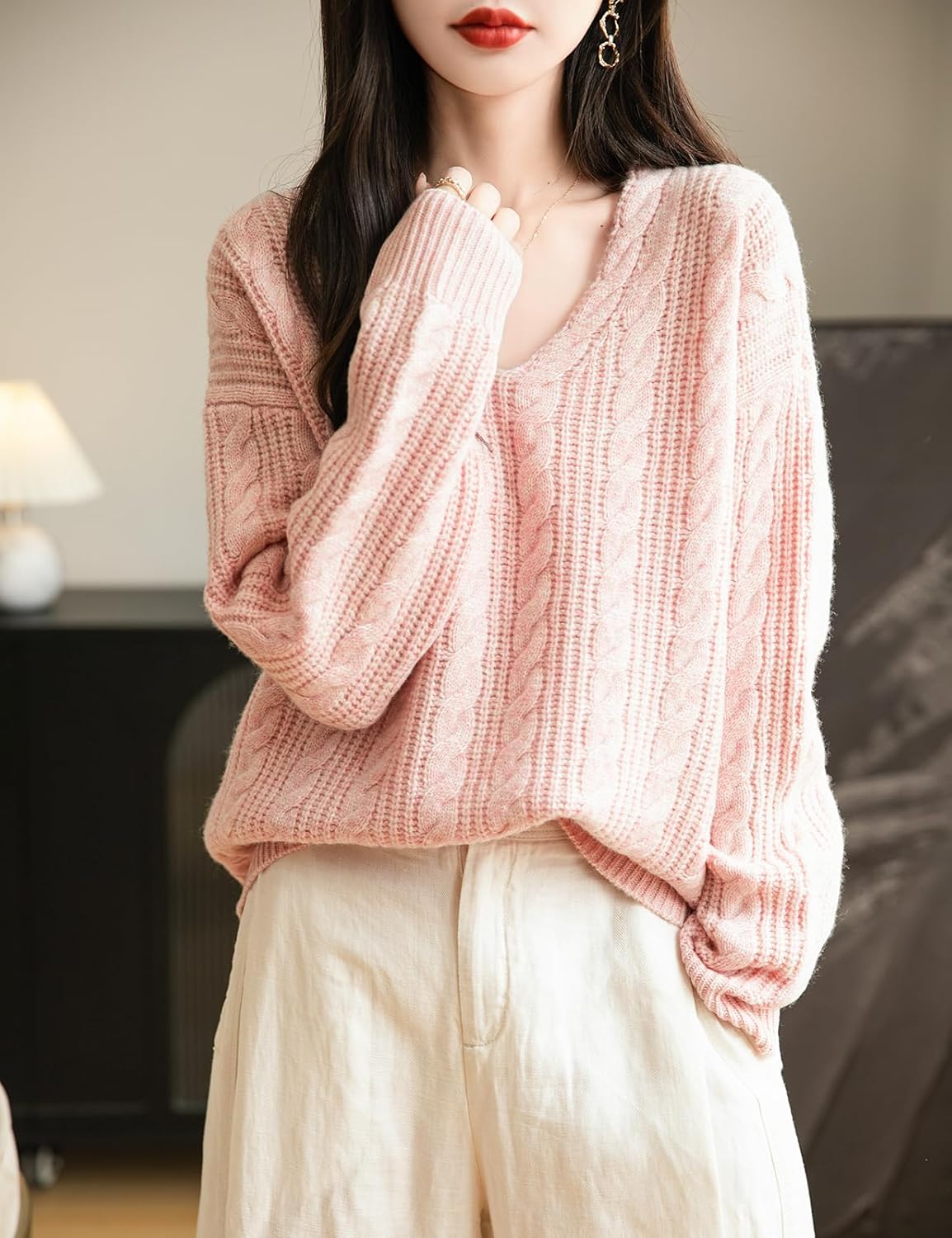 Chanyarn Women's V Neck 100% Merino Wool Oversized Sweater 2025 Fall Winter Vintage Cable Long Sleeve Knit Sweater
