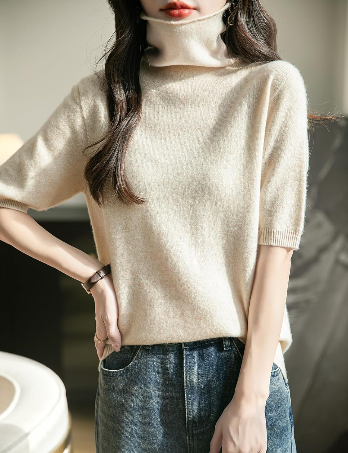 Women's Turtleneck 100% Merino Wool Spring Fall Winter First-Line Ready to Wear Seamless Knit Short Sleeve Sweater