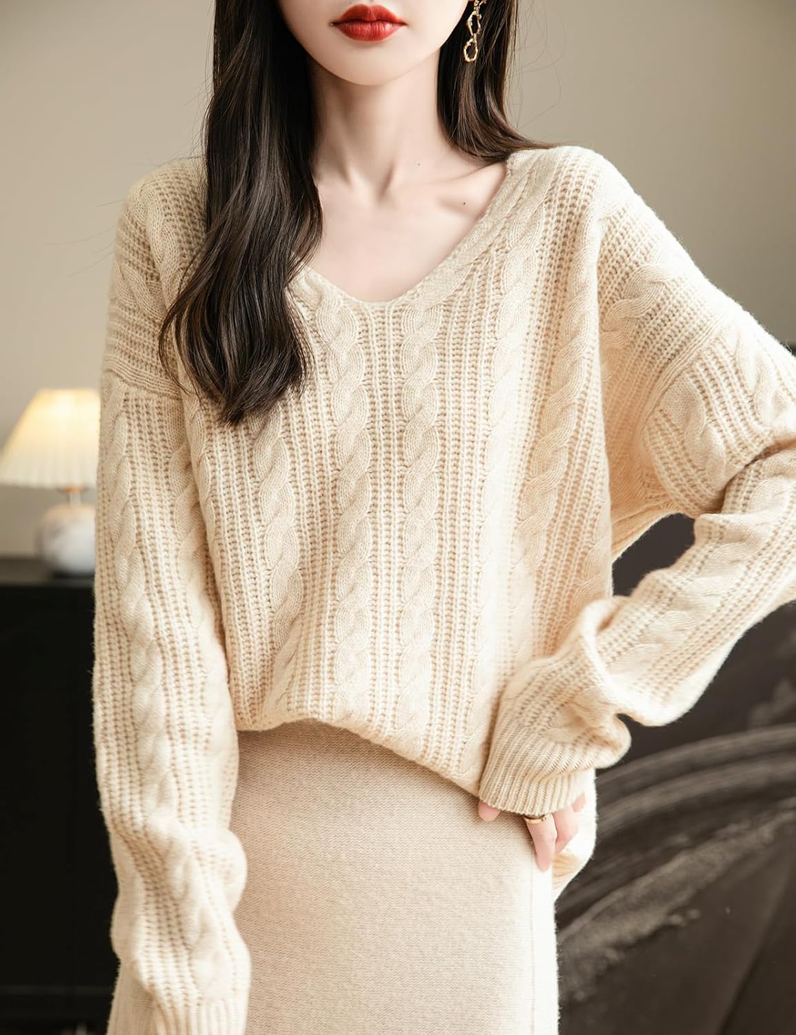 Chanyarn Women's V Neck 100% Merino Wool Oversized Sweater 2025 Fall Winter Vintage Cable Long Sleeve Knit Sweater
