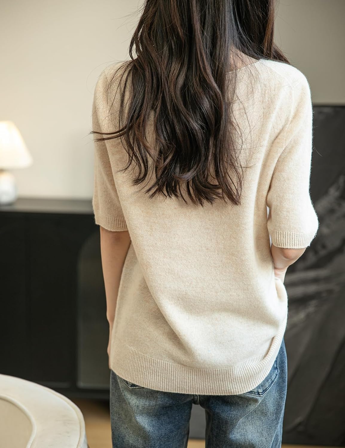 Women's V-Neck 100% Merino Wool Spring Fall Winter First-Line Ready to Wear Seamless Knit Shirt Short Sleeve Sweater