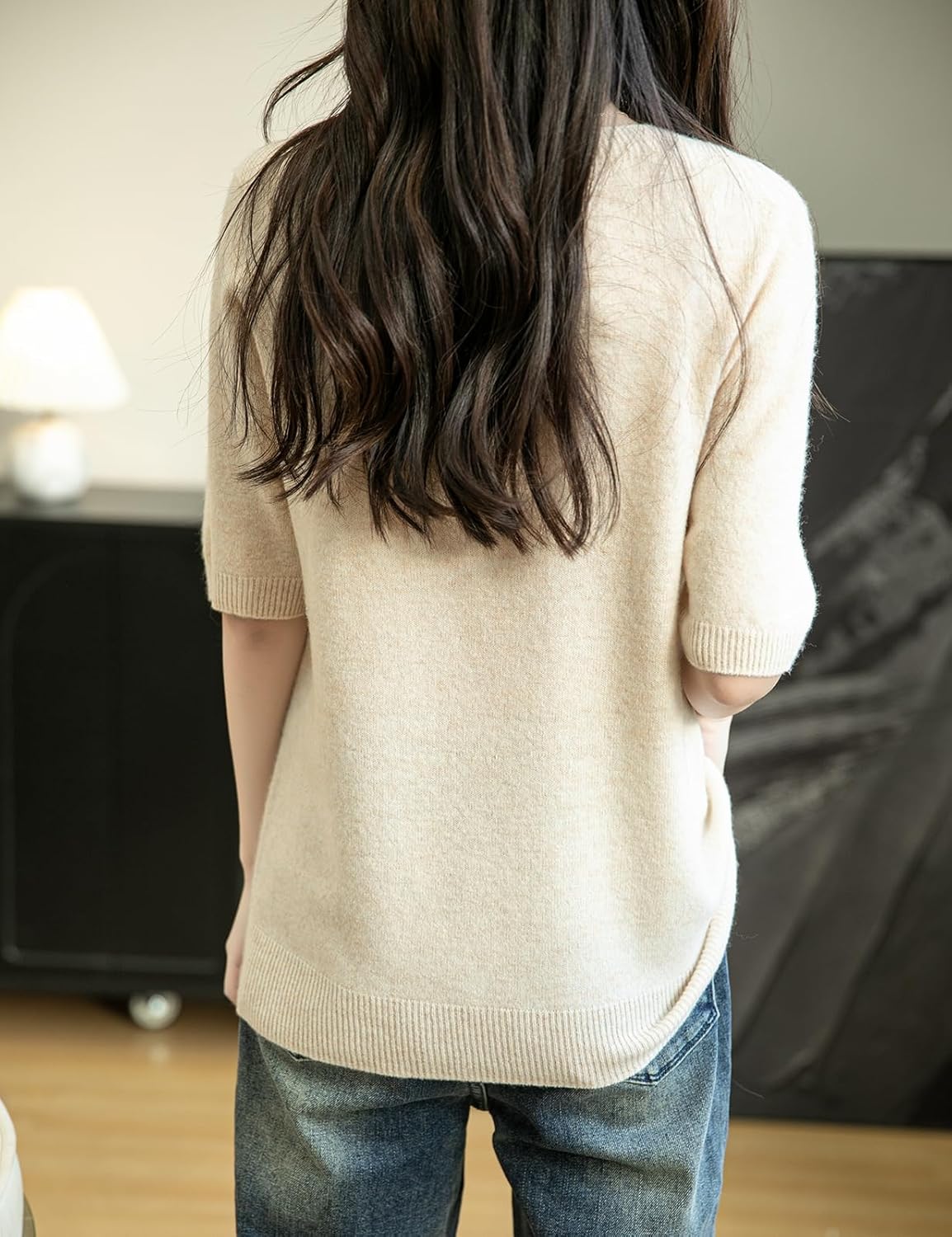 Women's 100% Merino Wool Spring Fall Winter First-Line Ready to Wear Seamless Knit Crewneck Short Sleeve Sweater