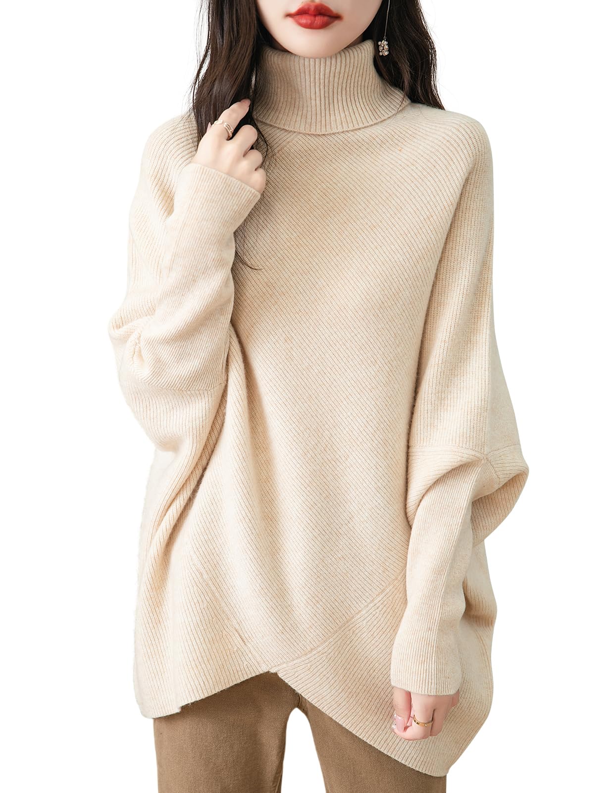 Chanyarn Women's Turtleneck 100% Merino Wool Oversized Sweater 2025 Fall Winter Batwing Long Sleeve Knitted Sweater
