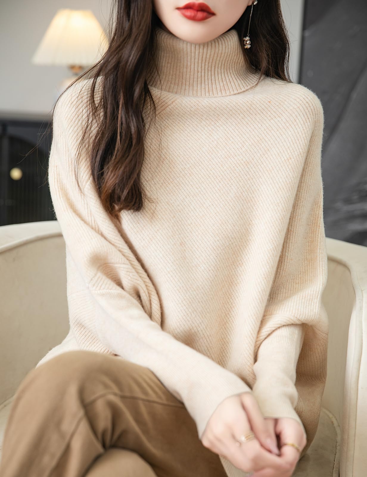 Chanyarn Women's Turtleneck 100% Merino Wool Oversized Sweater 2025 Fall Winter Batwing Long Sleeve Knitted Sweater