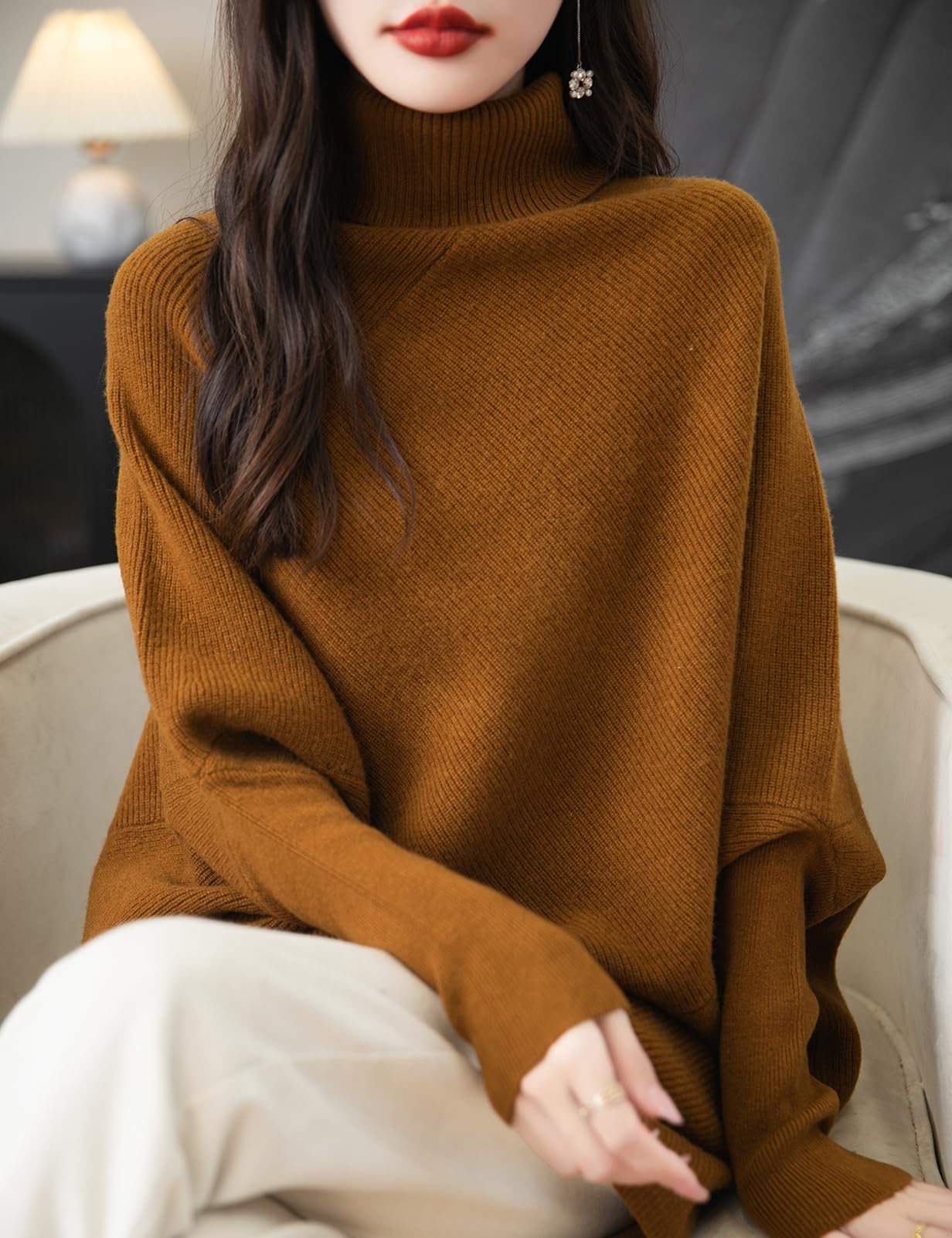 Chanyarn Women's Turtleneck 100% Merino Wool Oversized Sweater 2025 Fall Winter Batwing Long Sleeve Knitted Sweater