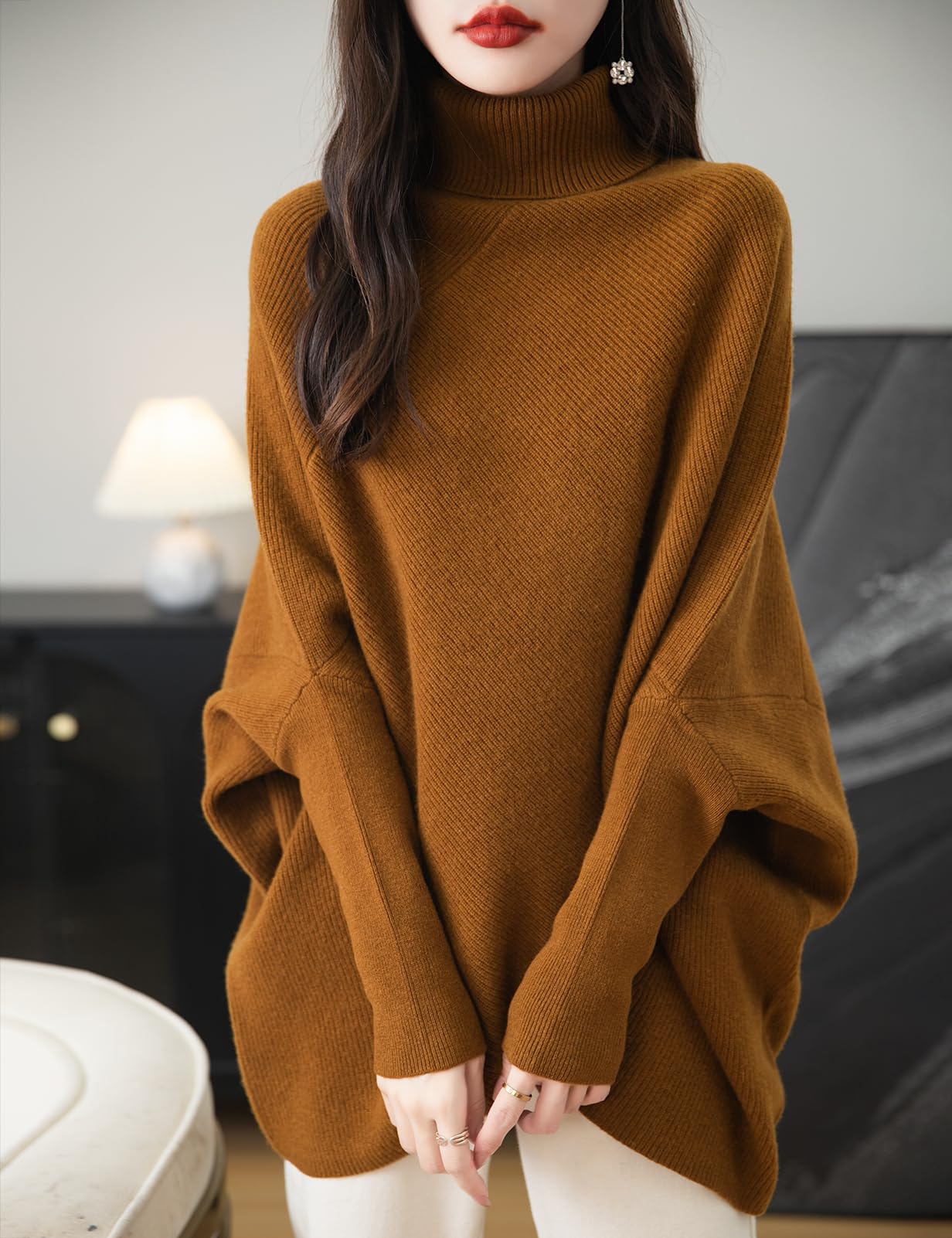 Chanyarn Women's Turtleneck 100% Merino Wool Oversized Sweater 2025 Fall Winter Batwing Long Sleeve Knitted Sweater
