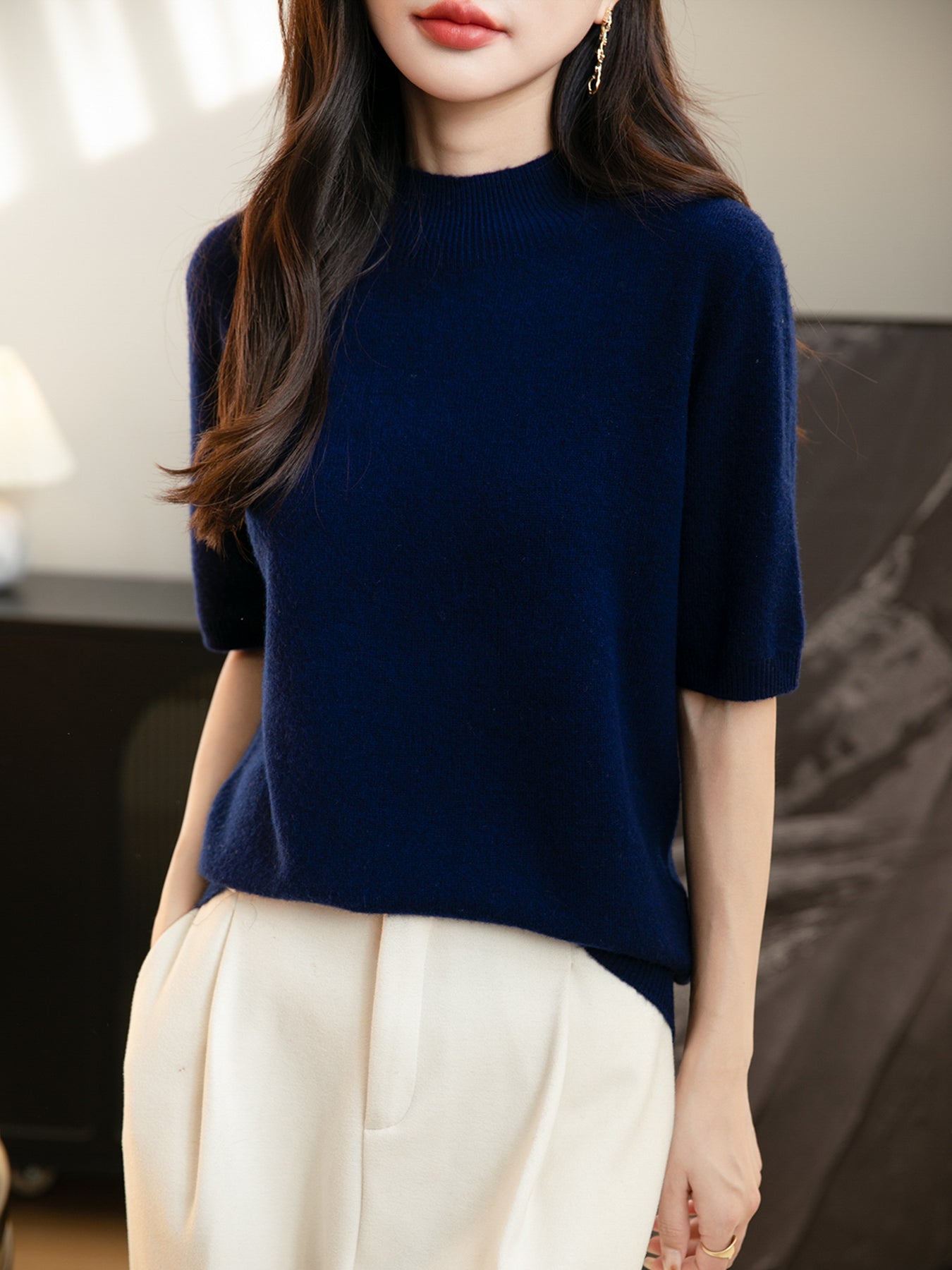 Women's 100% Merino Wool Spring Fall Winter First-Line Ready to Wear Seamless Knit Short Sleeve Mock Neck Sweater