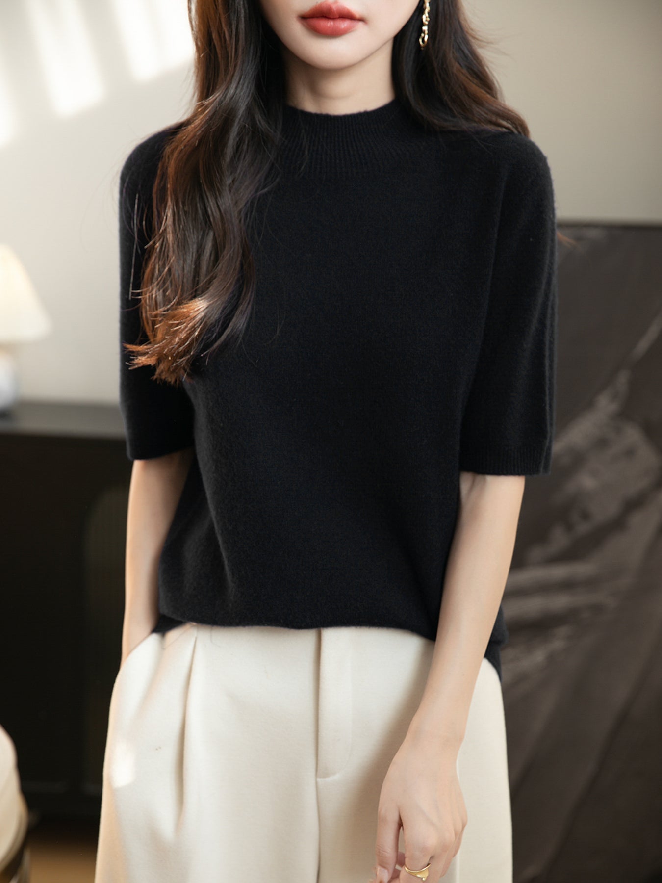 Women's 100% Merino Wool Spring Fall Winter First-Line Ready to Wear Seamless Knit Short Sleeve Mock Neck Sweater