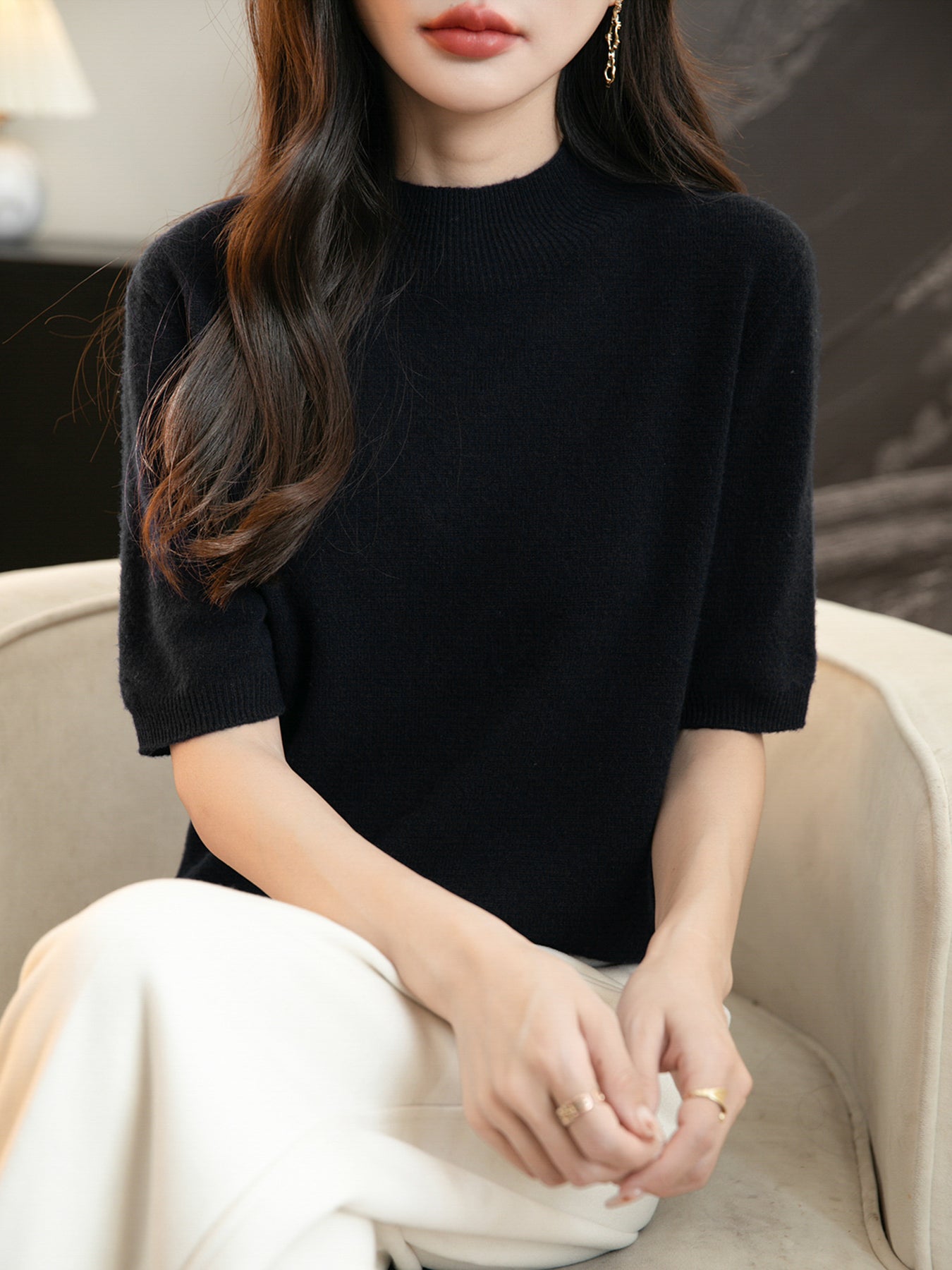 Women's 100% Merino Wool Spring Fall Winter First-Line Ready to Wear Seamless Knit Short Sleeve Mock Neck Sweater