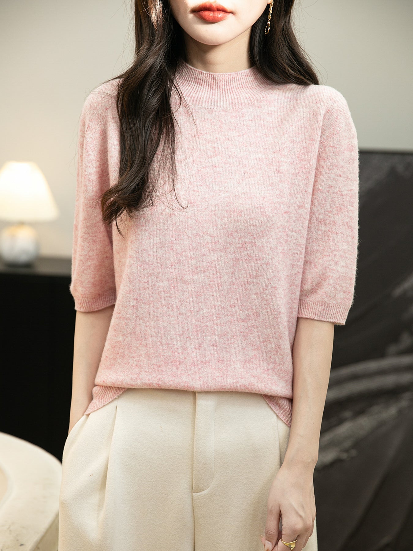 Women's 100% Merino Wool Spring Fall Winter First-Line Ready to Wear Seamless Knit Short Sleeve Mock Neck Sweater