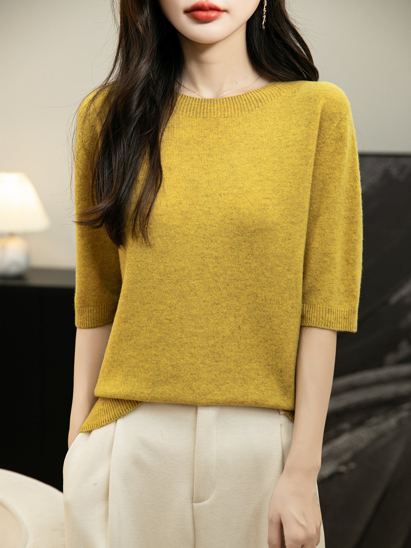 Women's 100% Merino Wool Spring Fall Winter First-Line Ready to Wear Seamless Knit Crewneck Short Sleeve Sweater
