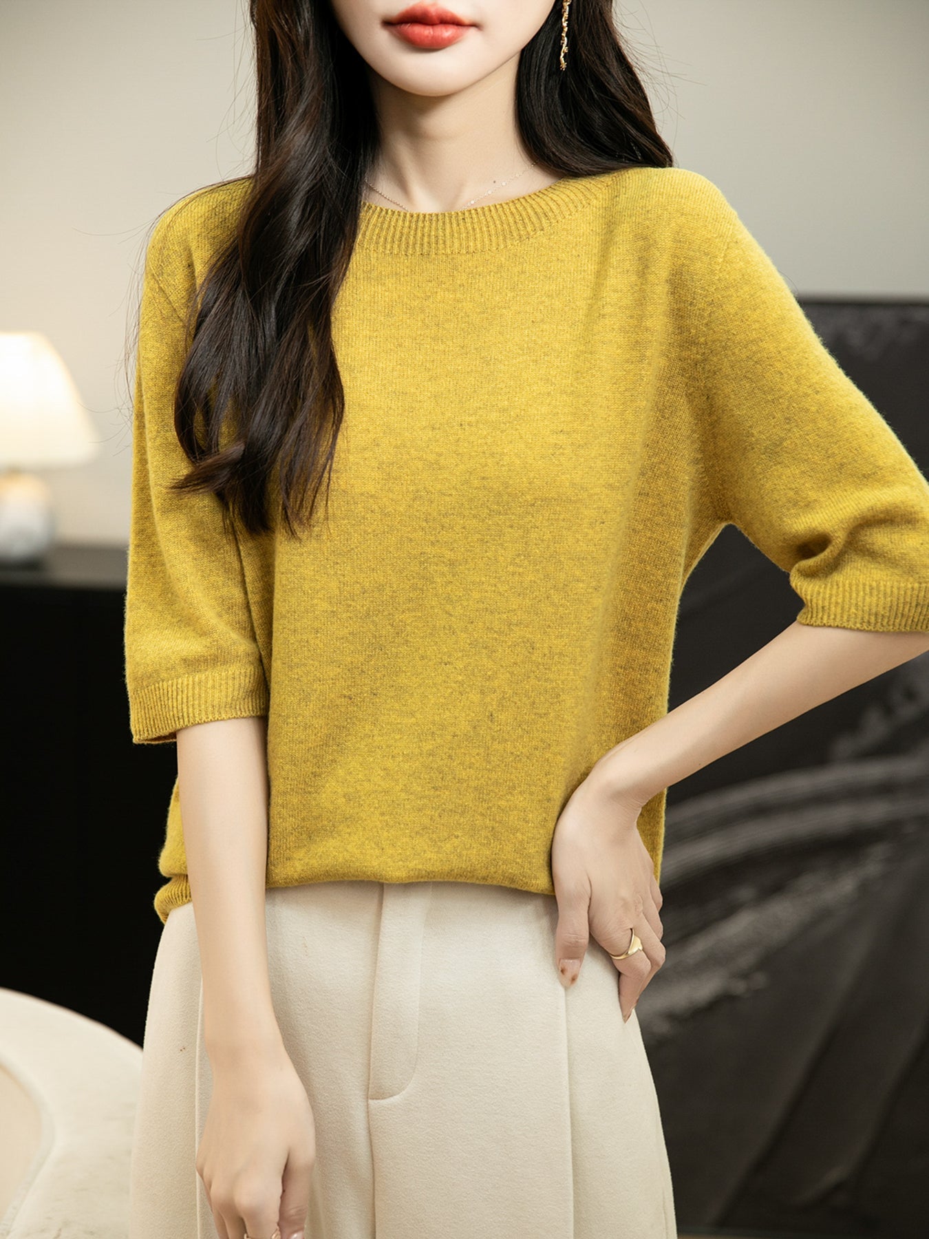 Women's 100% Merino Wool Spring Fall Winter First-Line Ready to Wear Seamless Knit Crewneck Short Sleeve Sweater