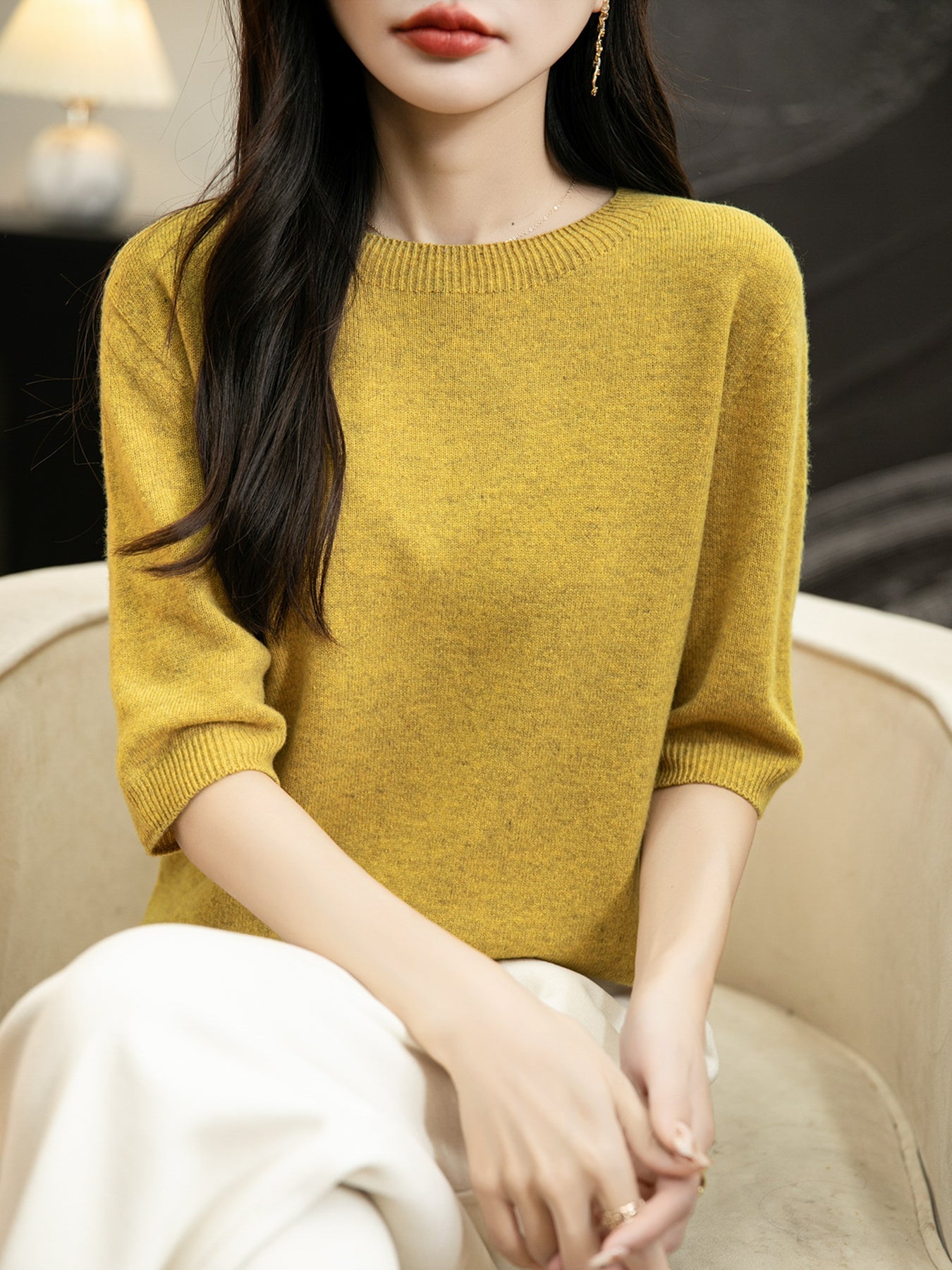 Women's 100% Merino Wool Spring Fall Winter First-Line Ready to Wear Seamless Knit Crewneck Short Sleeve Sweater