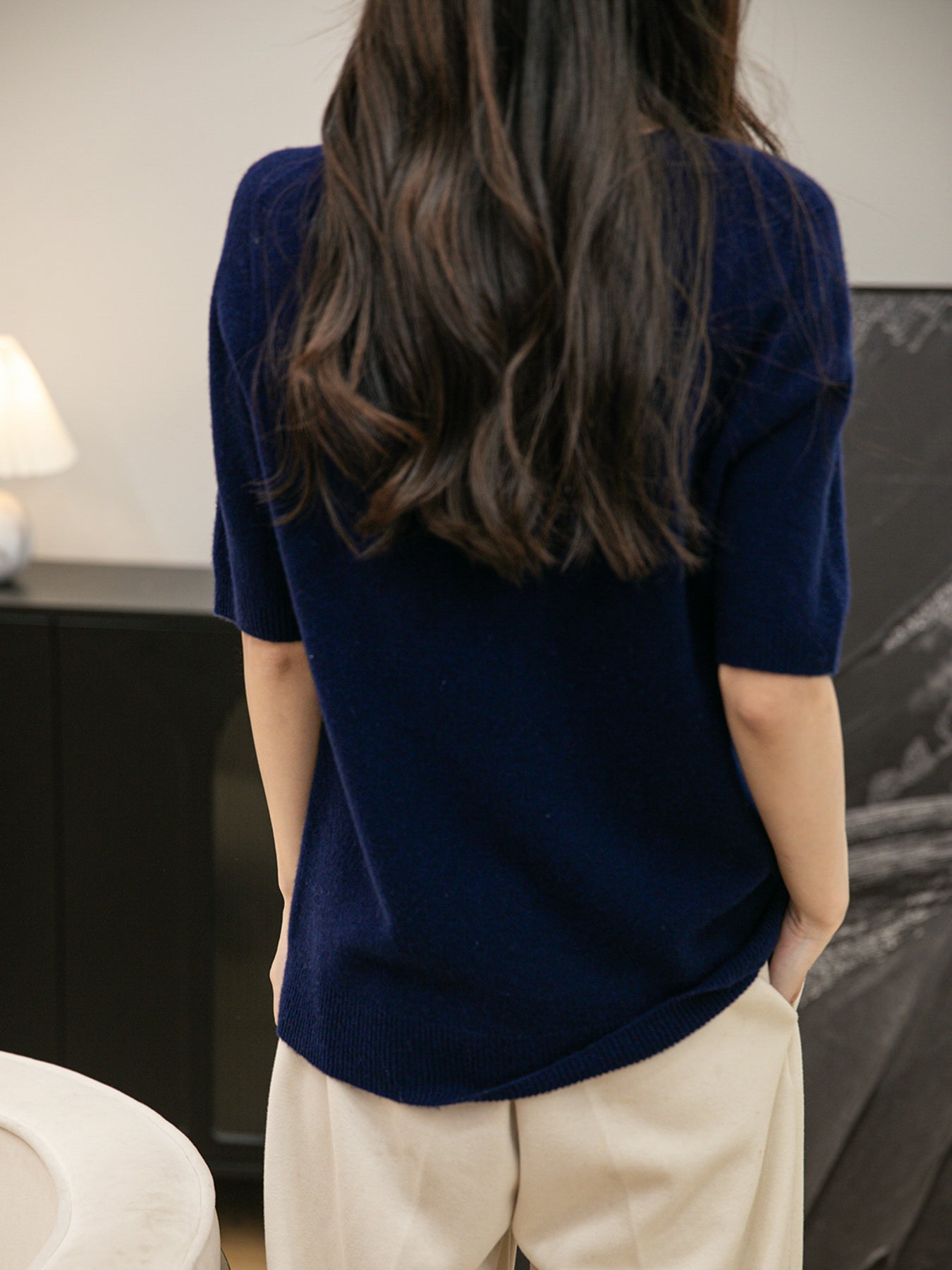 Women's 100% Merino Wool Spring Fall Winter First-Line Ready to Wear Seamless Knit Crewneck Short Sleeve Sweater