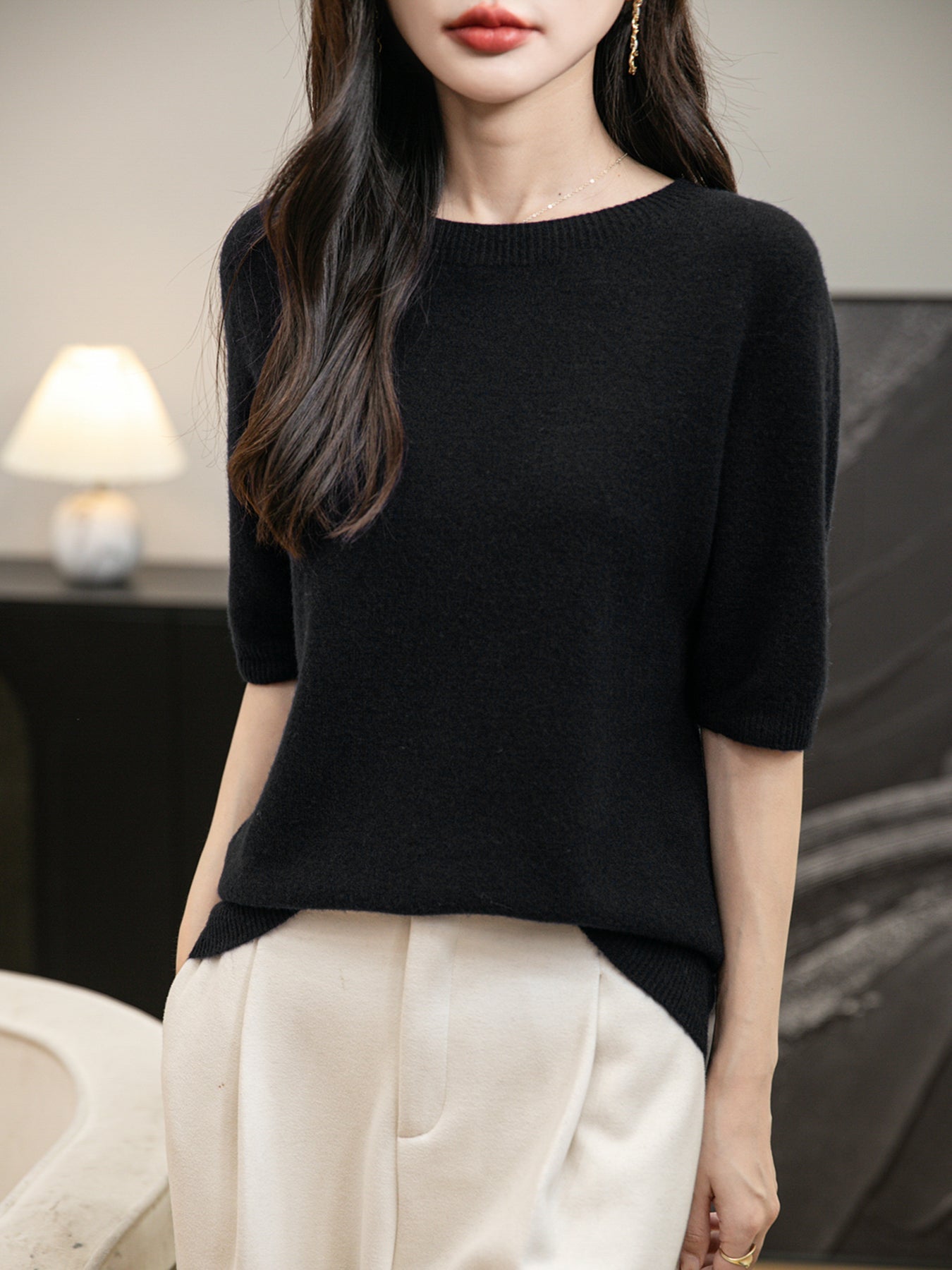 Women's 100% Merino Wool Spring Fall Winter First-Line Ready to Wear Seamless Knit Crewneck Short Sleeve Sweater