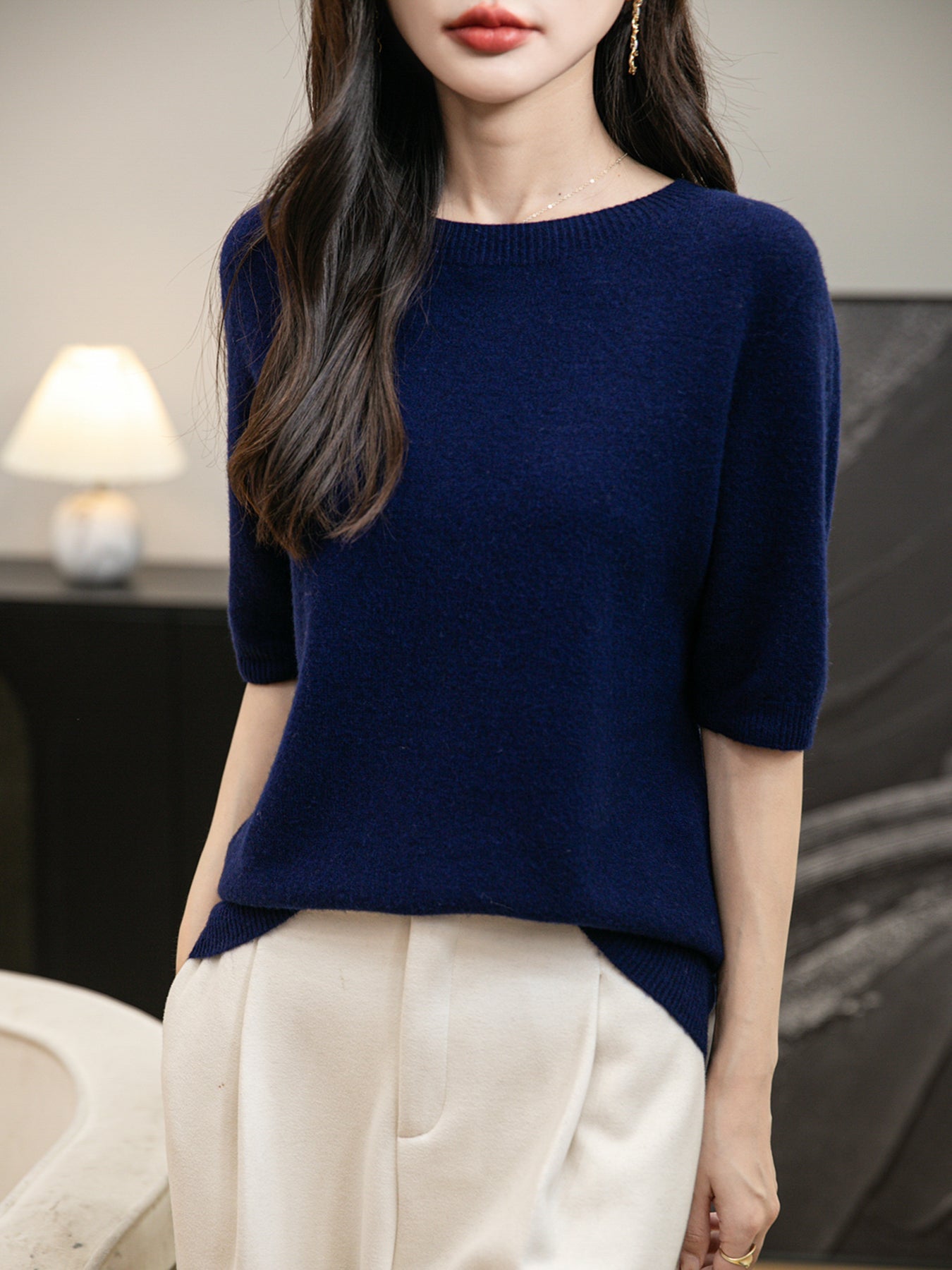 Women's 100% Merino Wool Spring Fall Winter First-Line Ready to Wear Seamless Knit Crewneck Short Sleeve Sweater