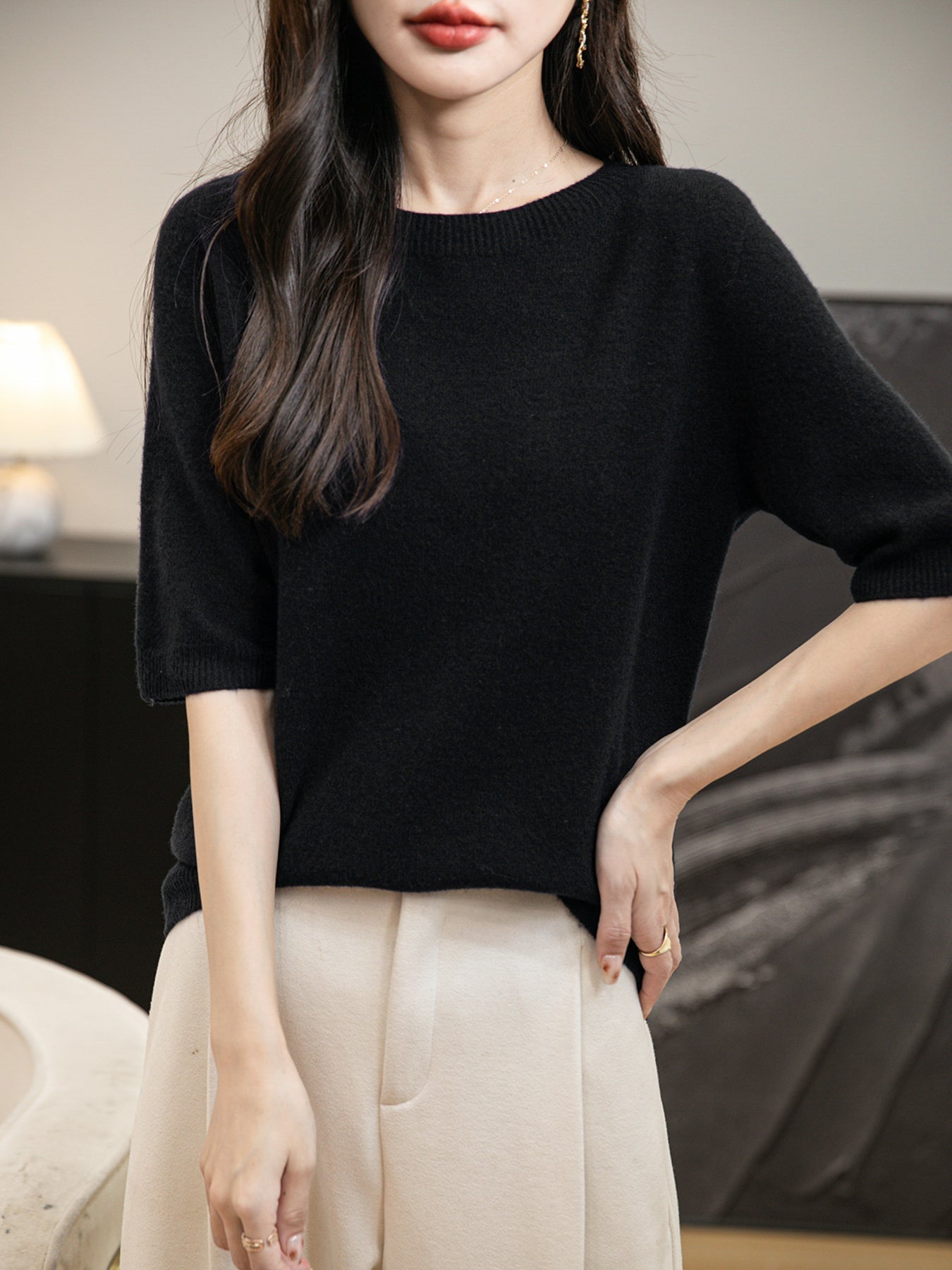 Women's 100% Merino Wool Spring Fall Winter First-Line Ready to Wear Seamless Knit Crewneck Short Sleeve Sweater