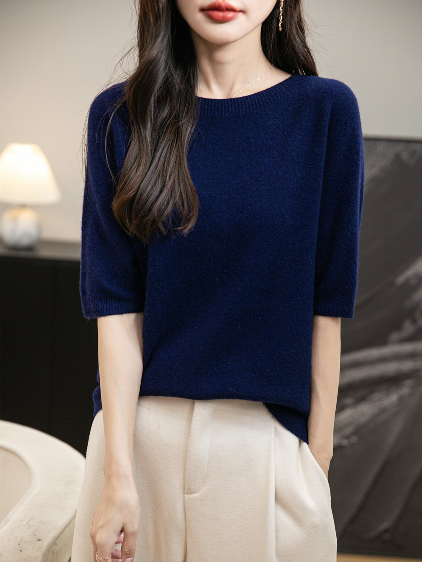 Women's 100% Merino Wool Spring Fall Winter First-Line Ready to Wear Seamless Knit Crewneck Short Sleeve Sweater
