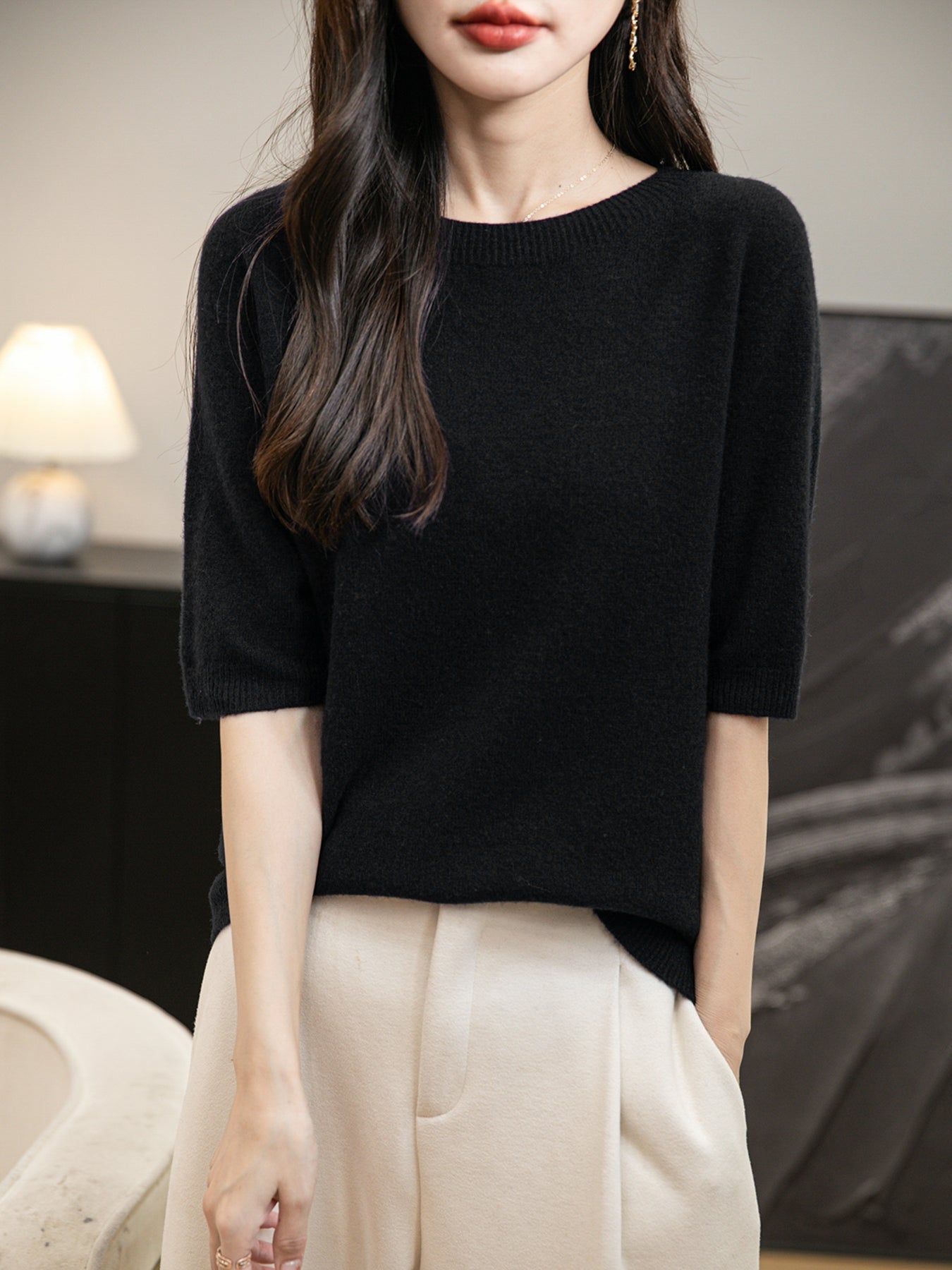 Women's 100% Merino Wool Spring Fall Winter First-Line Ready to Wear Seamless Knit Crewneck Short Sleeve Sweater