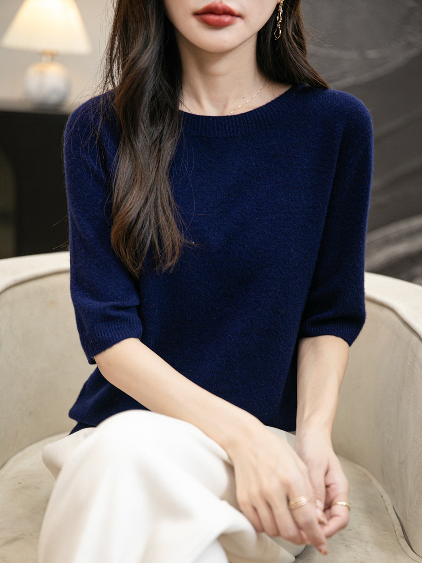 Women's 100% Merino Wool Spring Fall Winter First-Line Ready to Wear Seamless Knit Crewneck Short Sleeve Sweater