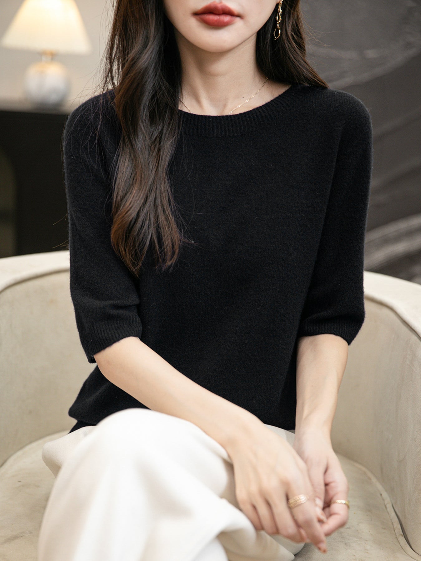 Women's 100% Merino Wool Spring Fall Winter First-Line Ready to Wear Seamless Knit Crewneck Short Sleeve Sweater