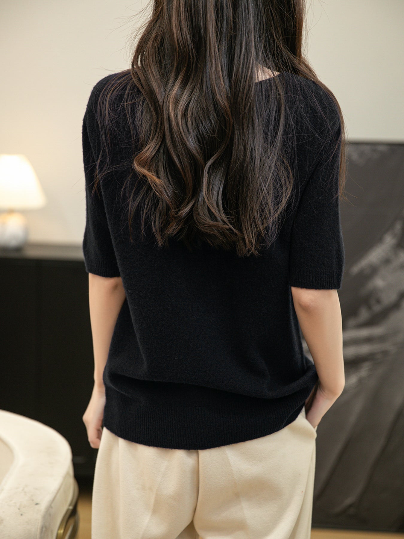Women's V-Neck 100% Merino Wool Spring Fall Winter First-Line Ready to Wear Seamless Knit Shirt Short Sleeve Sweater